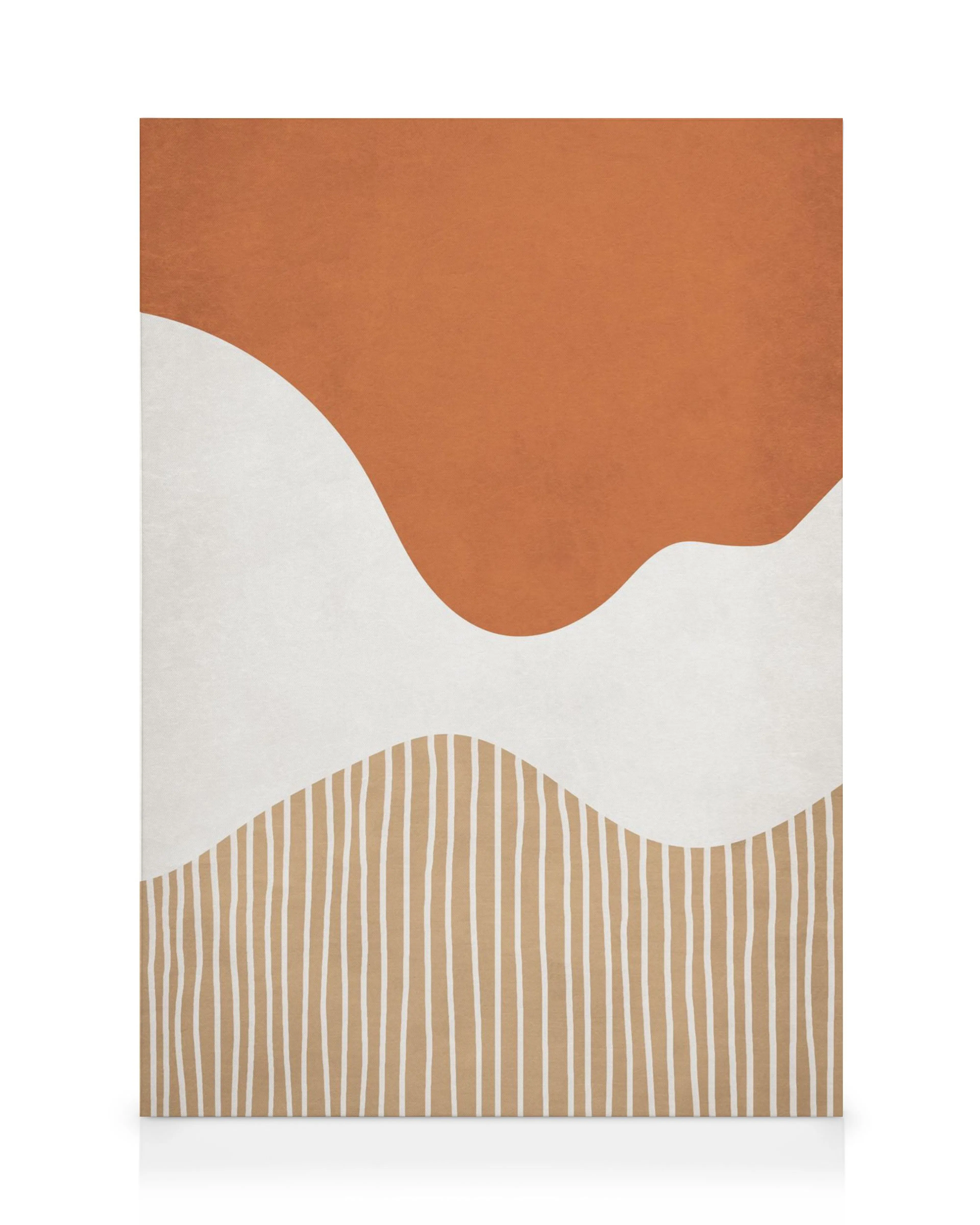 Toile abstraite avec trois sections: marron, blanc et lignes verticales sur un fond marron clair, évoquant des collines.