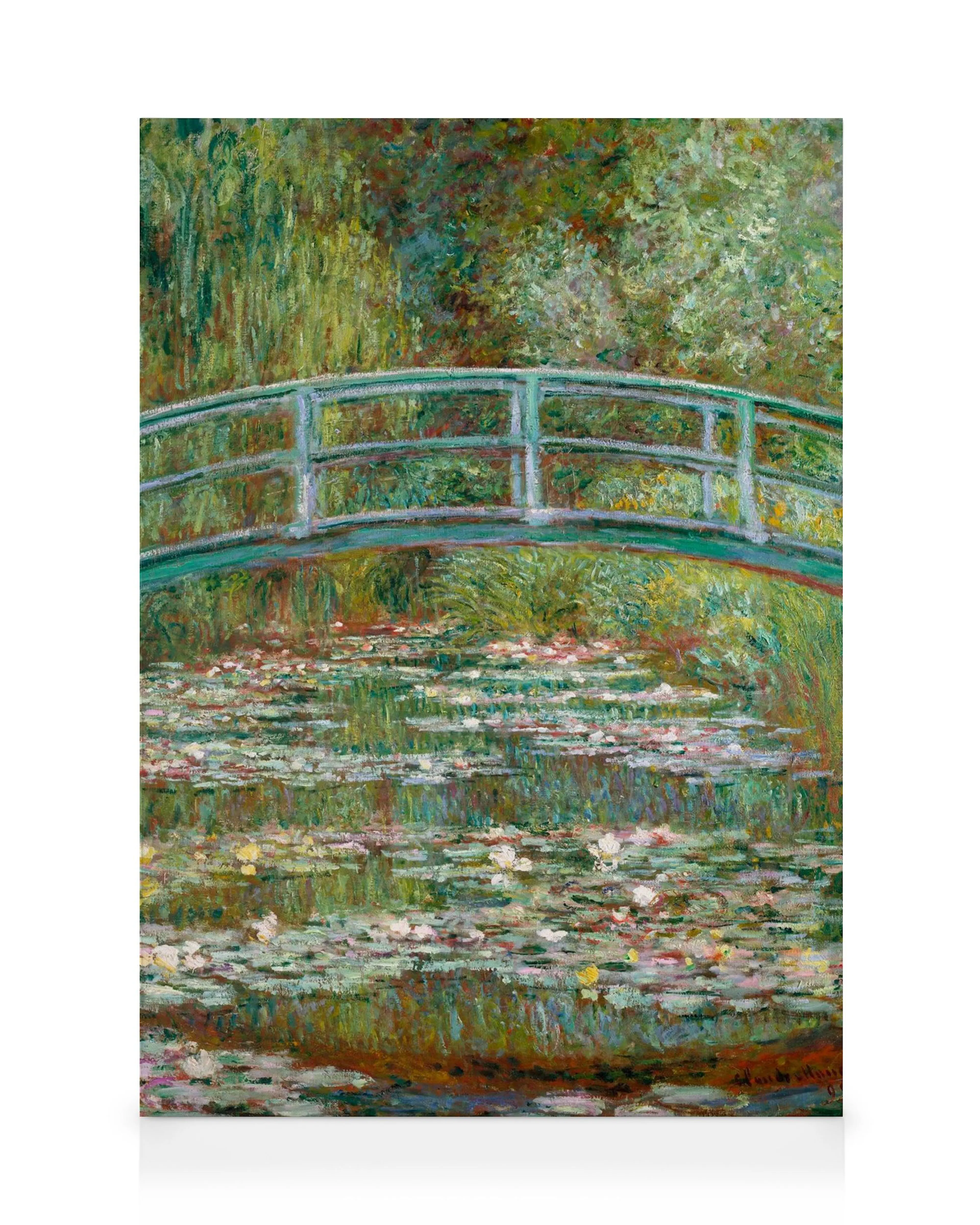 Monets Bridge over a Pond of Water Lilies, an impressionistic canvas print with a green bridge, lily pads, and lush foliage.