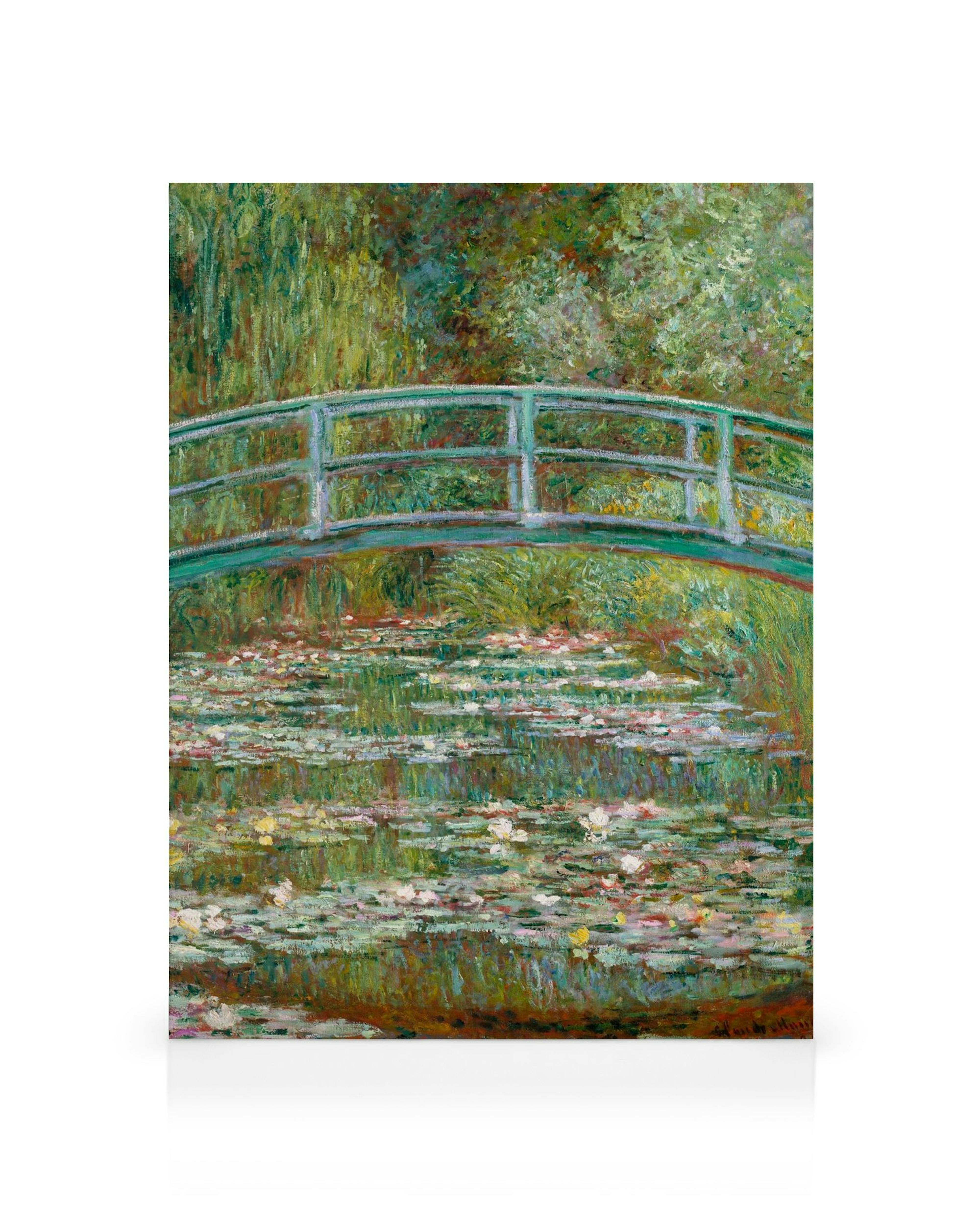 Monets Bridge over a Pond of Water Lilies, an impressionist painting with green bridge, lily pads, and reflections.