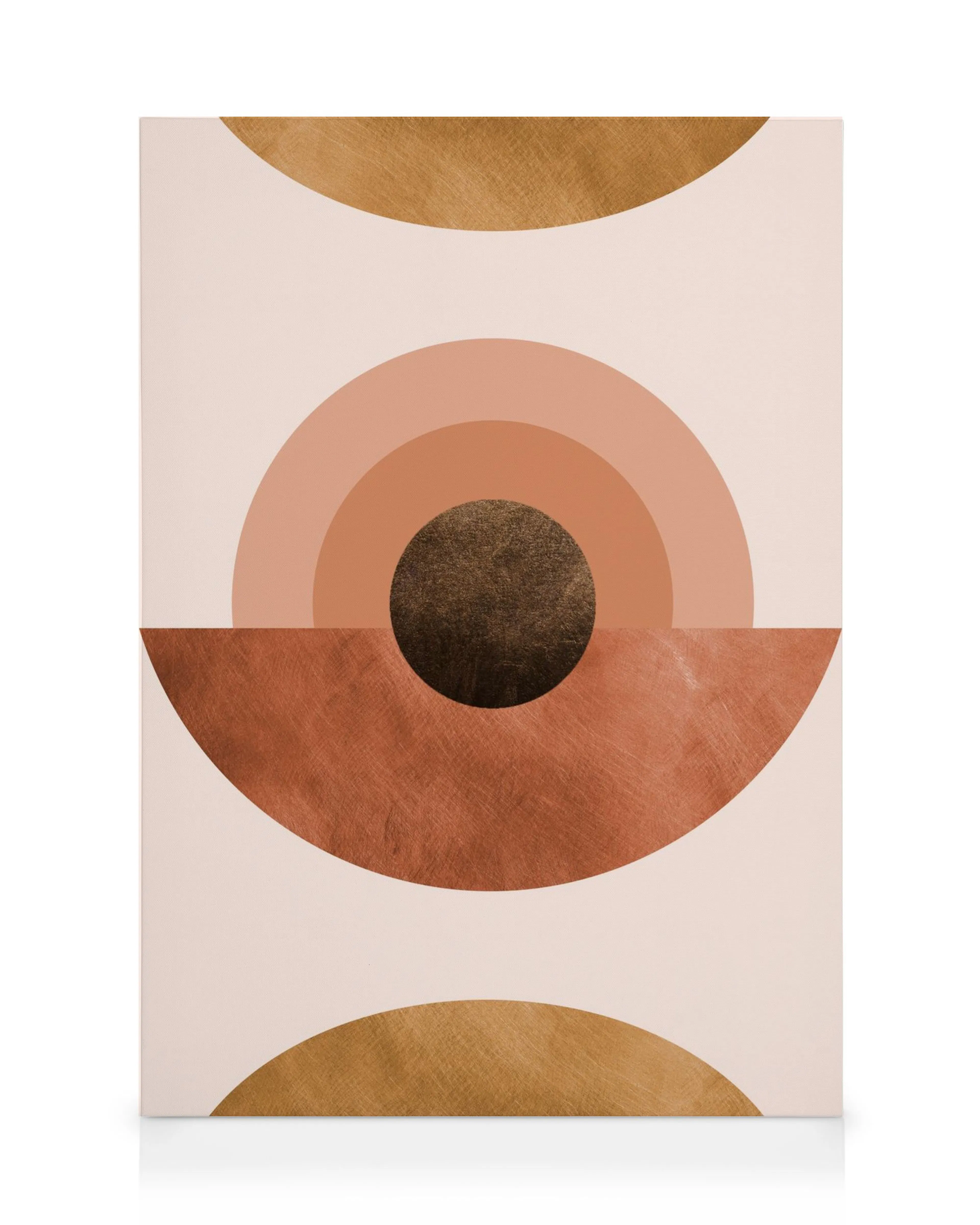 Abstrakt terracotta lærred med geometriske former i rosa, brun og guld nuancer, halvcirkler og cirkler.