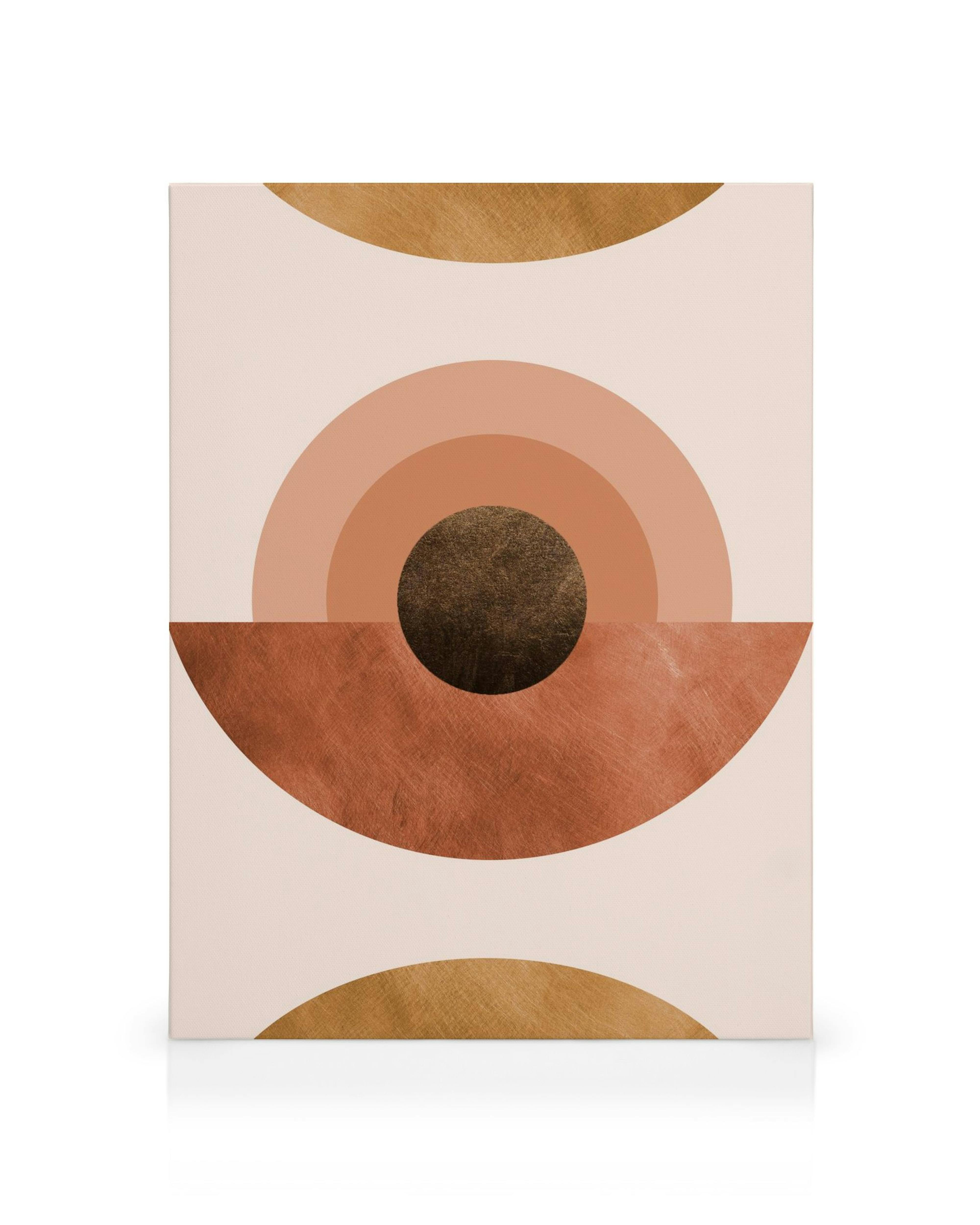 Lienzo abstracto Terracota con formas geométricas en rosa, marrón y dorado sobre fondo claro, estilo moderno.