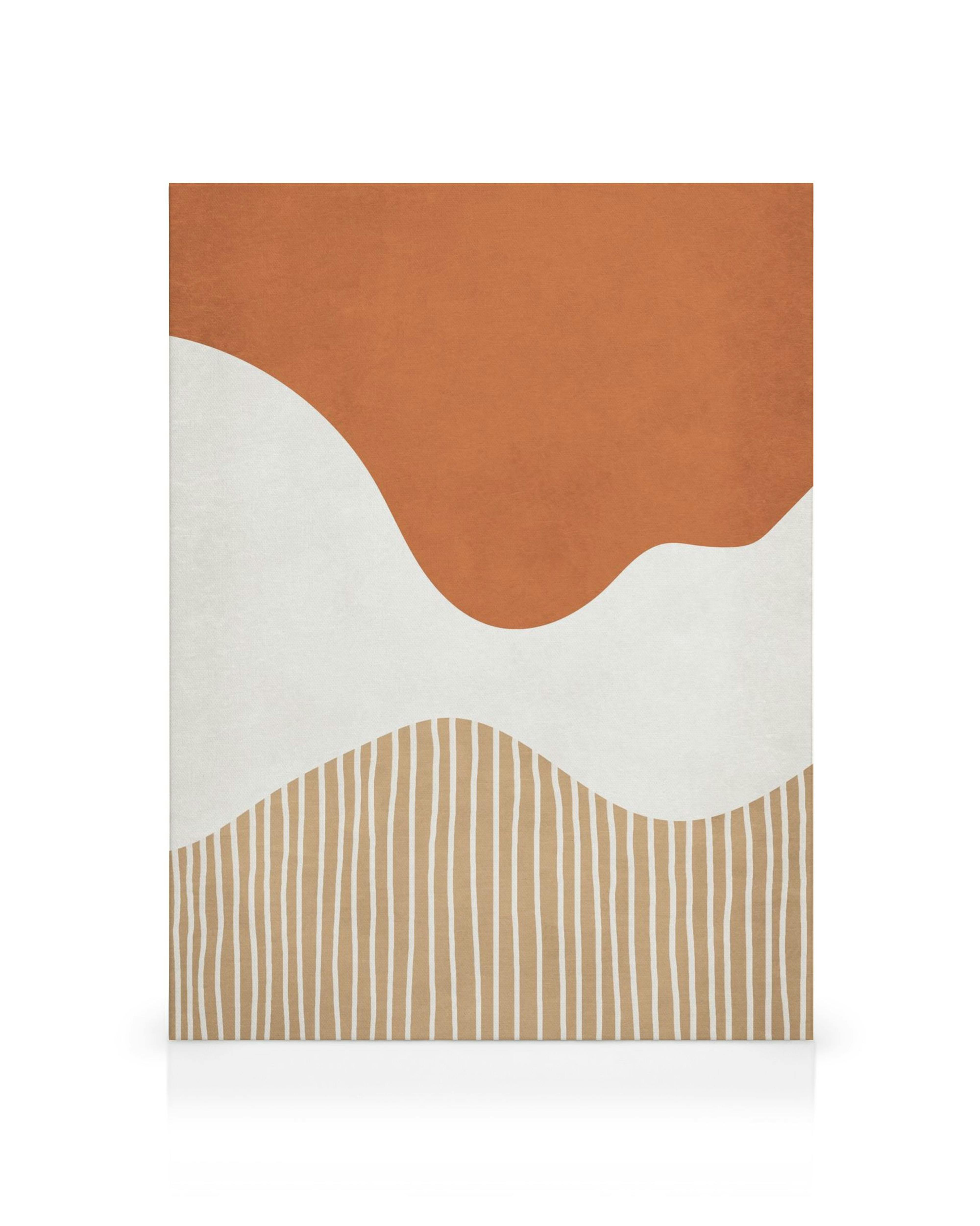 Tela abstrata com três seções: topo marrom, meio branco e base marrom com linhas verticais brancas onduladas.