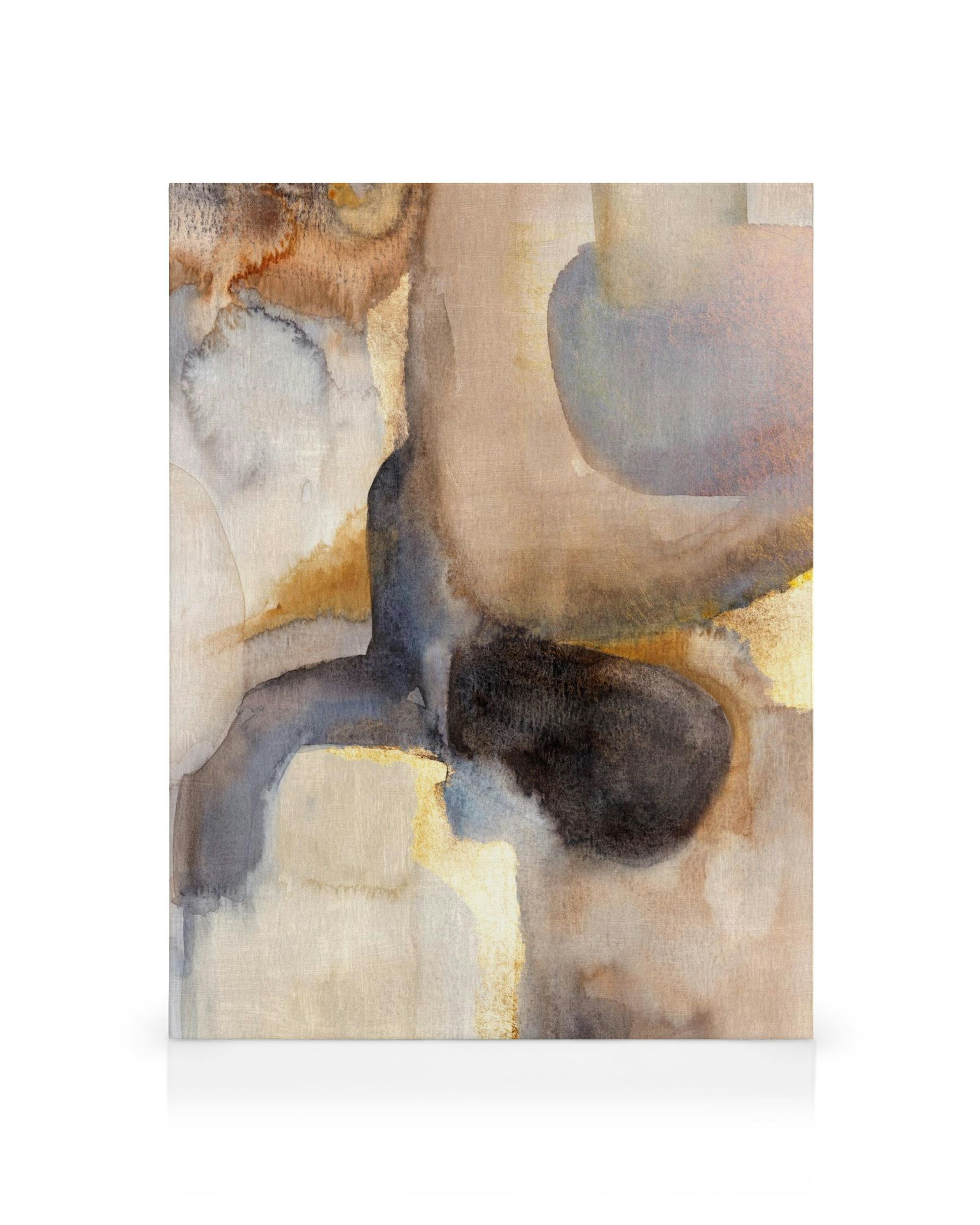 Golden watercolor canvas print with abstract shapes in earthy tones and gold accents