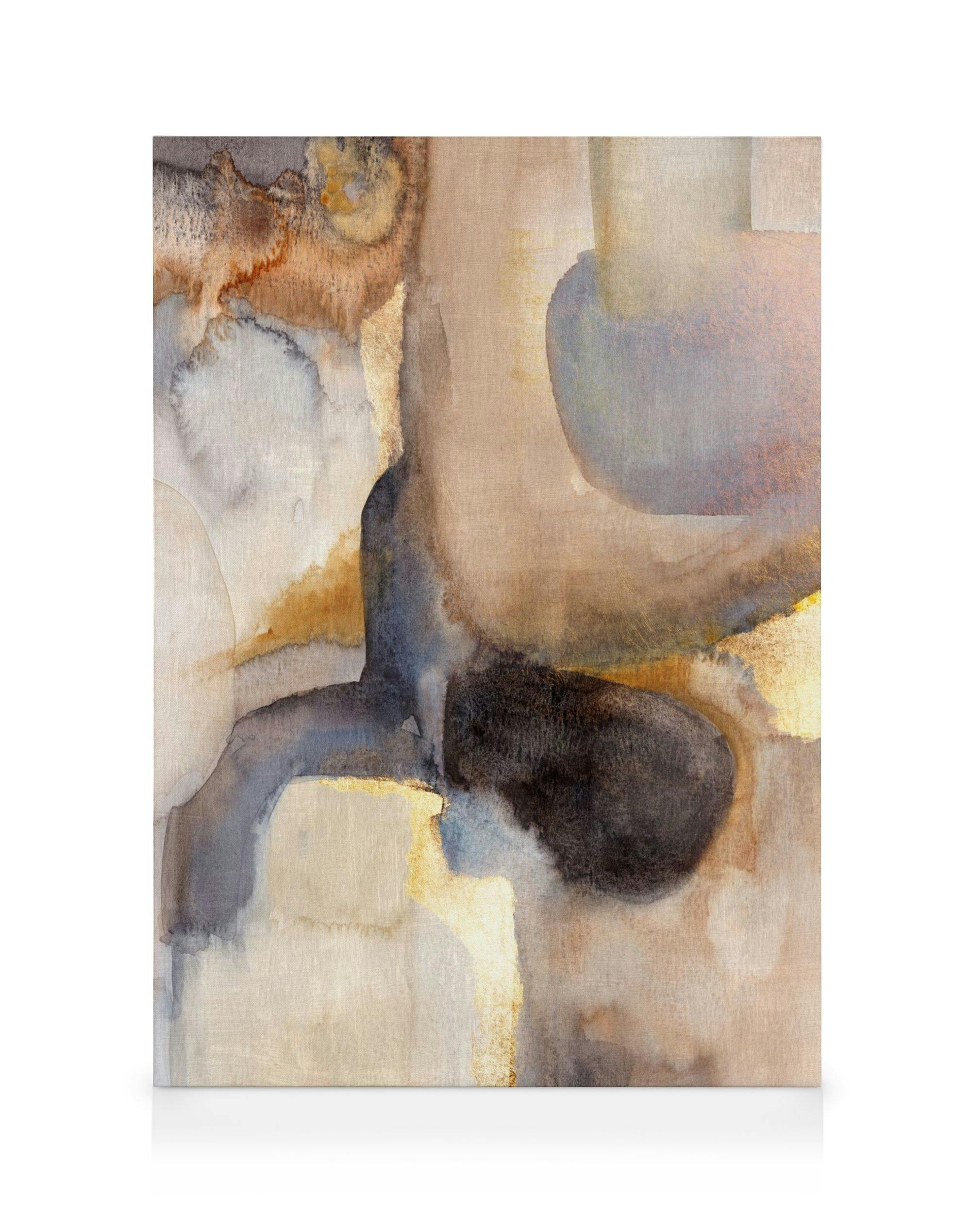 Toile abstraite aux formes aquarelles irrégulières, couleurs marron, or, noir et blanc, pour une touche de texture et de style.