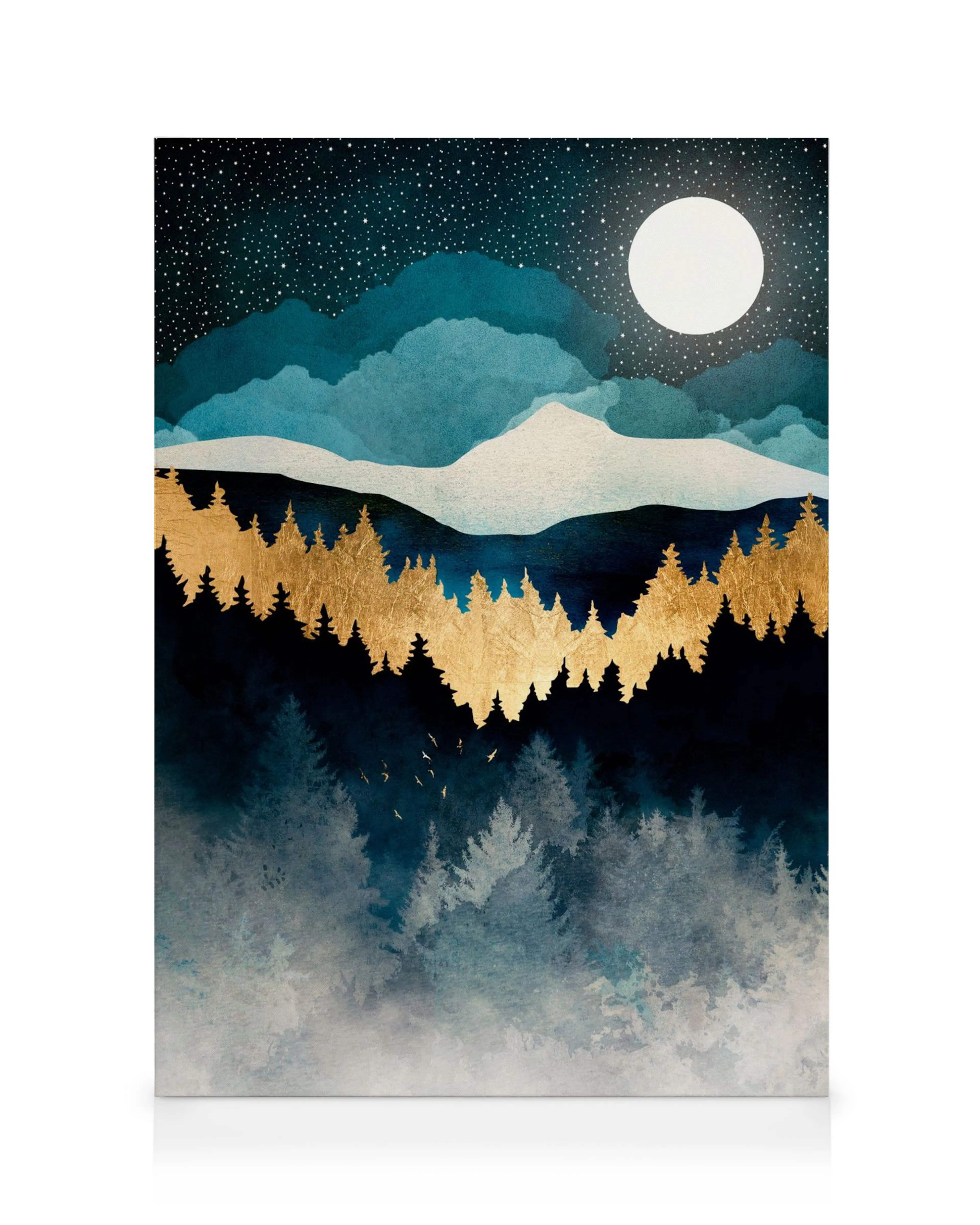 Leinwandbild Indigo Night zeigt einen Nachthimmel mit Sternen und Vollmond über Bergen, goldene und dunkle Tannenwälder.