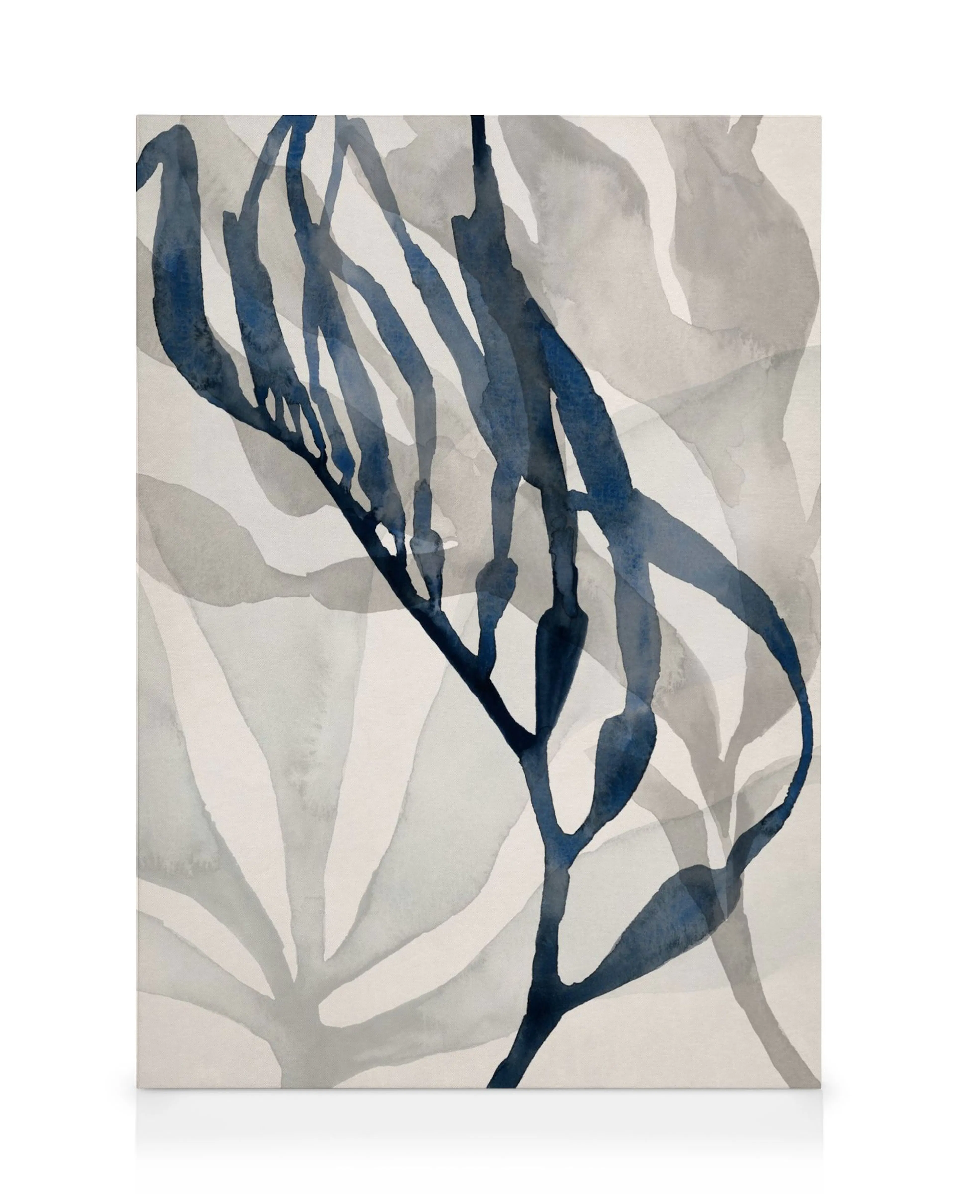 Toile aquarelle, motif abstrait de formes marines bleues et grises, effet doux et fluide.