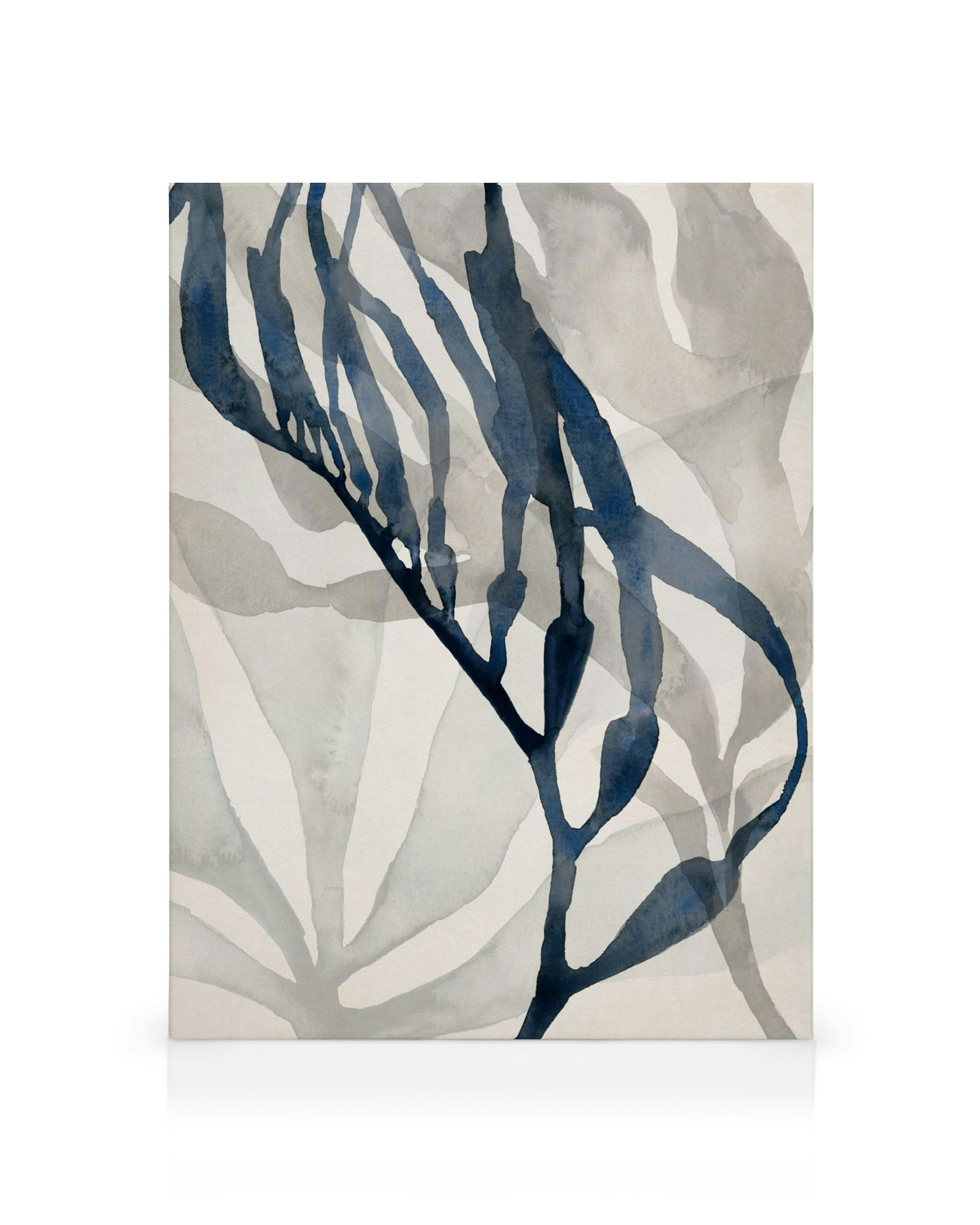 Toile aquarelle, motif abstrait de formes marines bleues et grises, effet doux et fluide.