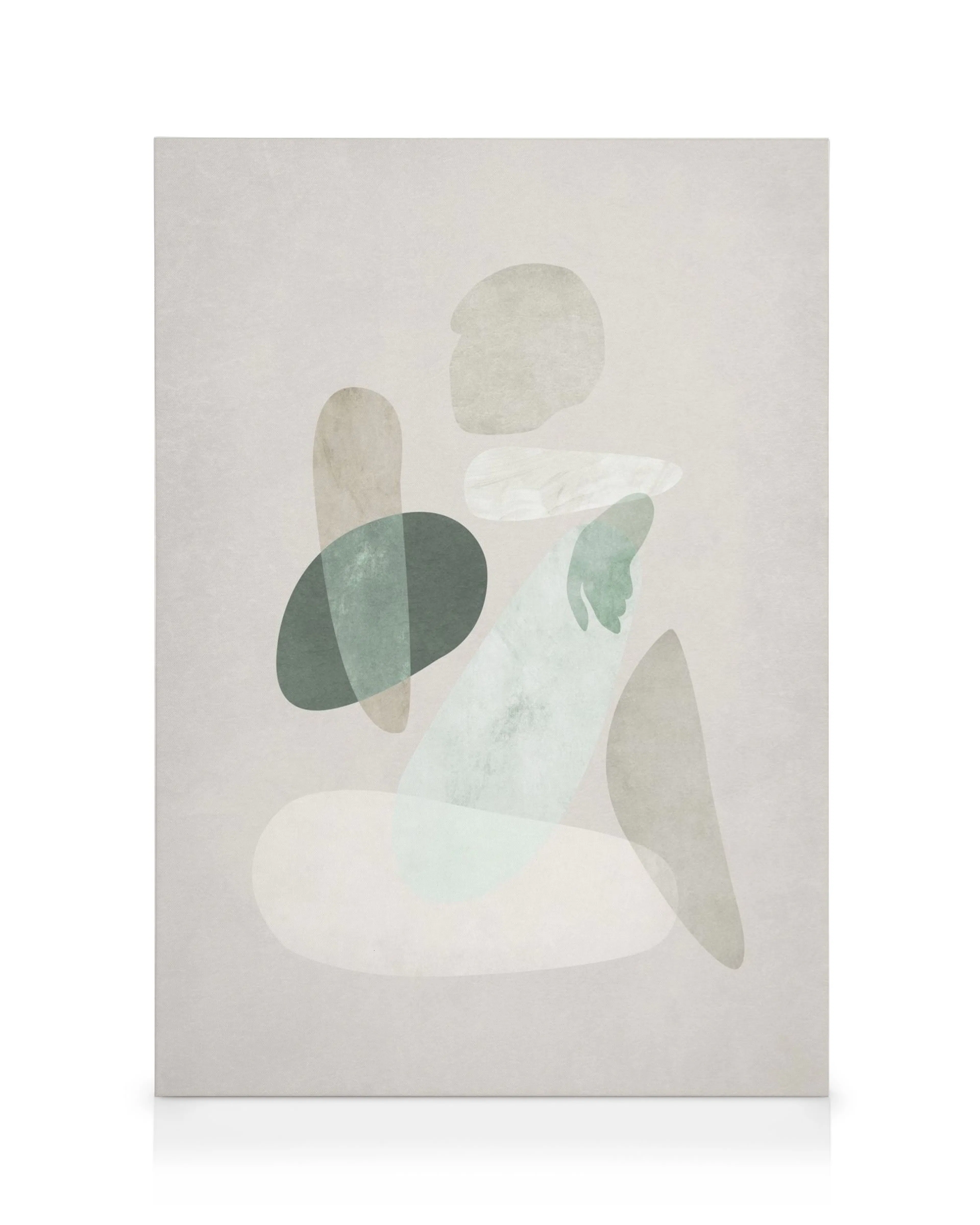 Abstract canvas print of overlapping green, white, brown, and grey shapes forming a seated figure on a beige background.