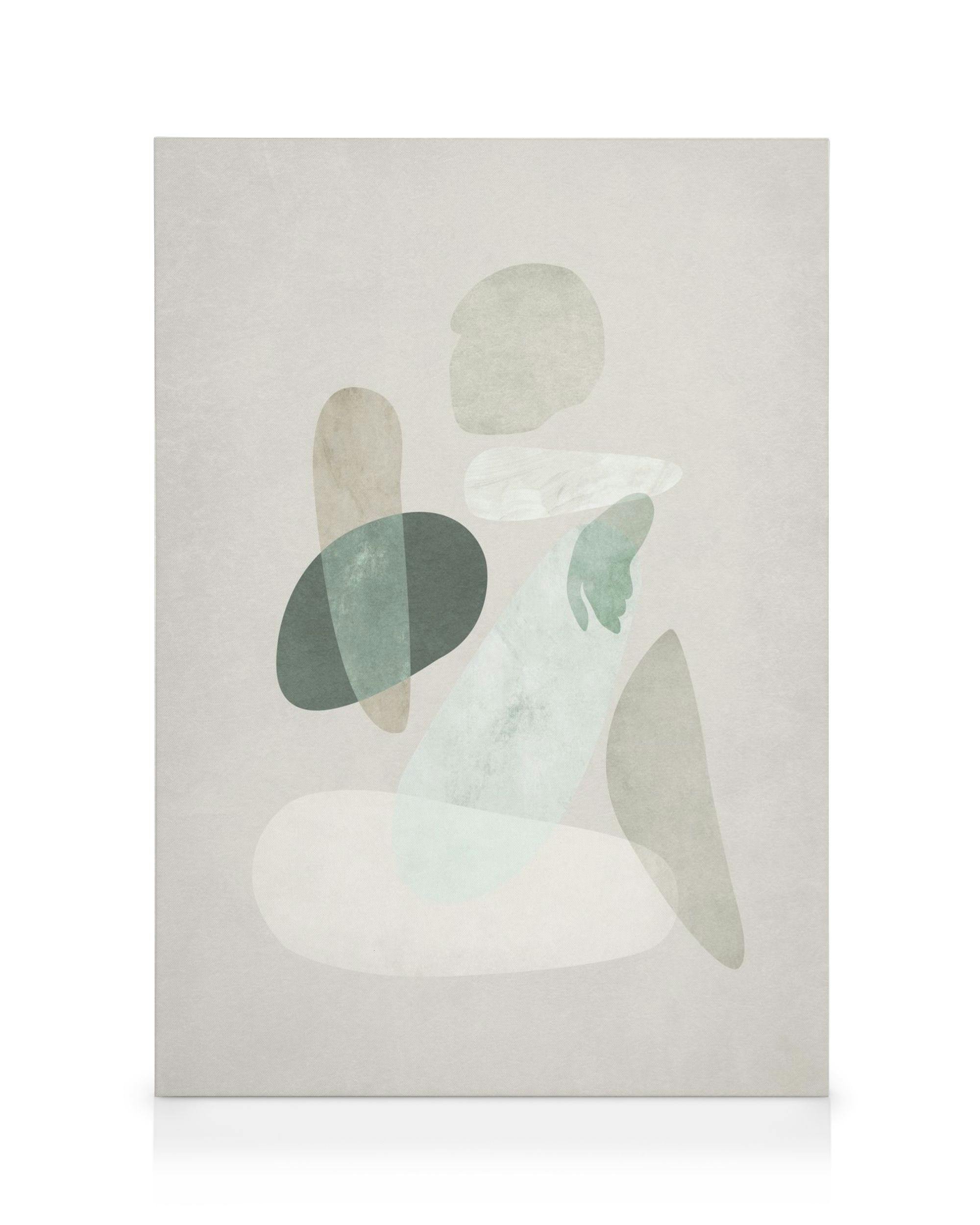 Abstraktes Leinwandbild mit überlappenden Formen in Grün, Weiß, Braun und Grau, die eine sitzende Figur bilden.