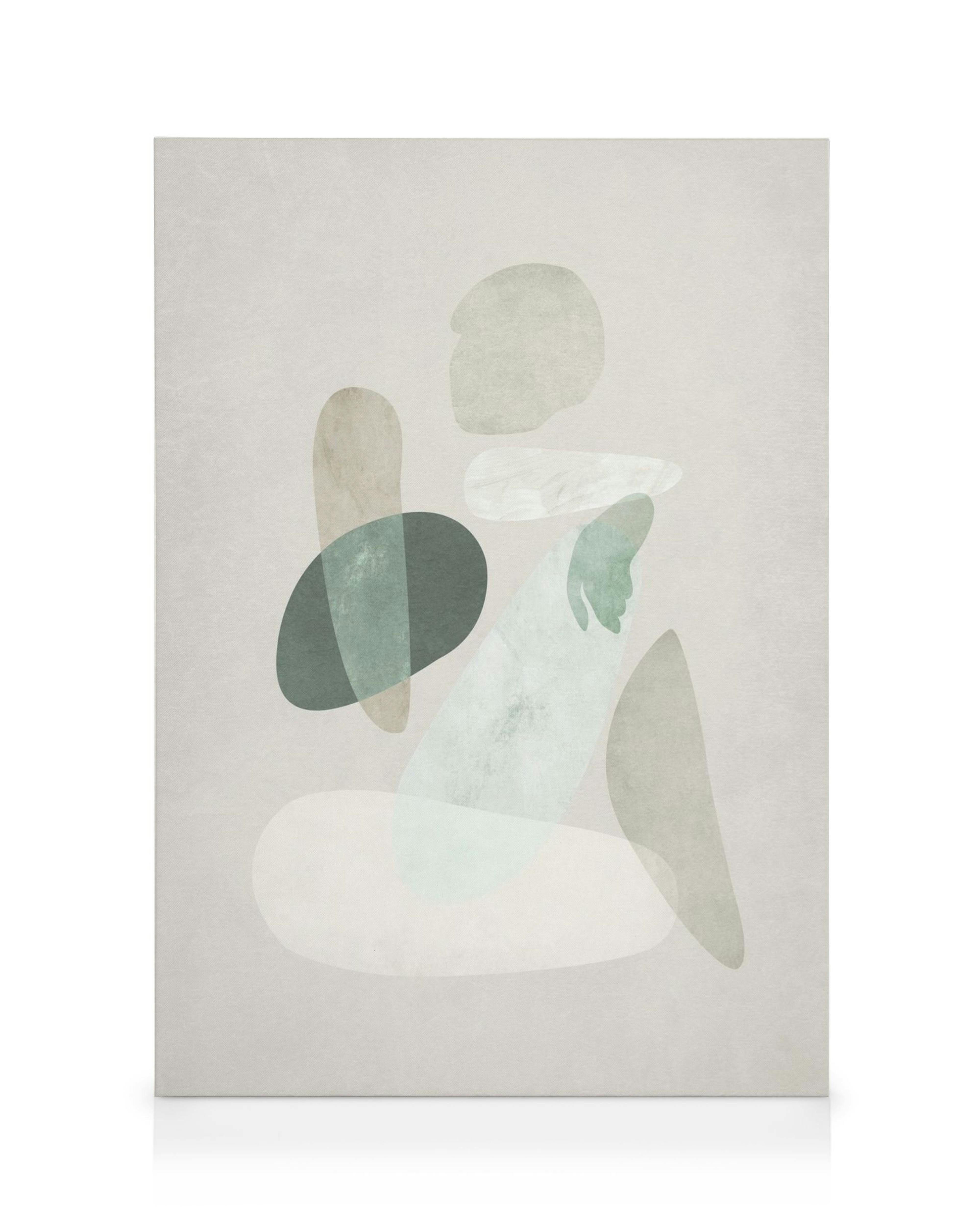 Abstraktes Leinwandbild mit überlappenden Formen in Grün, Weiß, Braun und Grau, die eine sitzende Figur bilden.