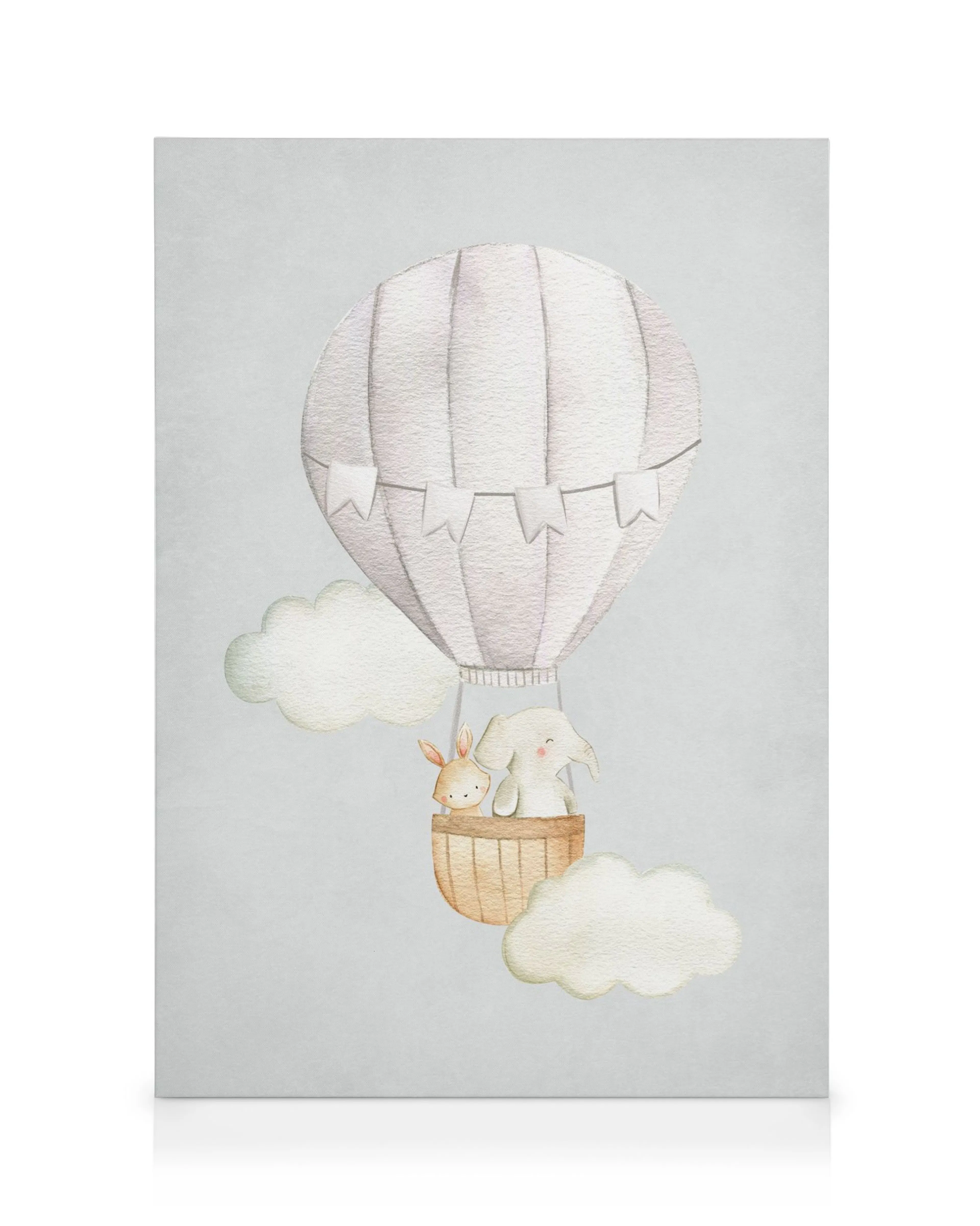 Toile illustration dune montgolfière beige avec deux lapins, flottant dans les nuages sur un fond gris pour chambre denfant.