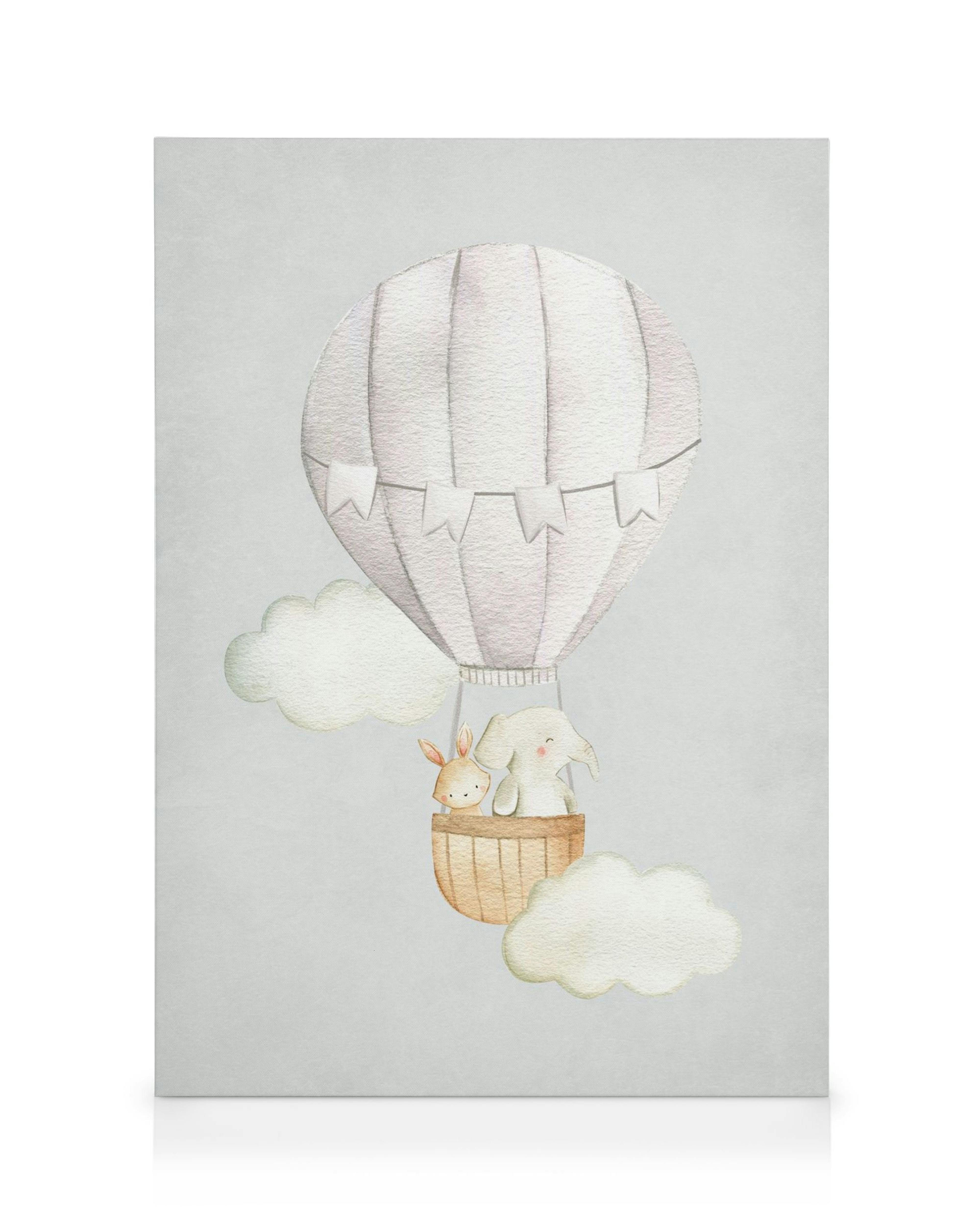 Toile montrant des lapins dans une montgolfière flottant parmi les nuages sur fond gris, pour décoration murale de bébé.