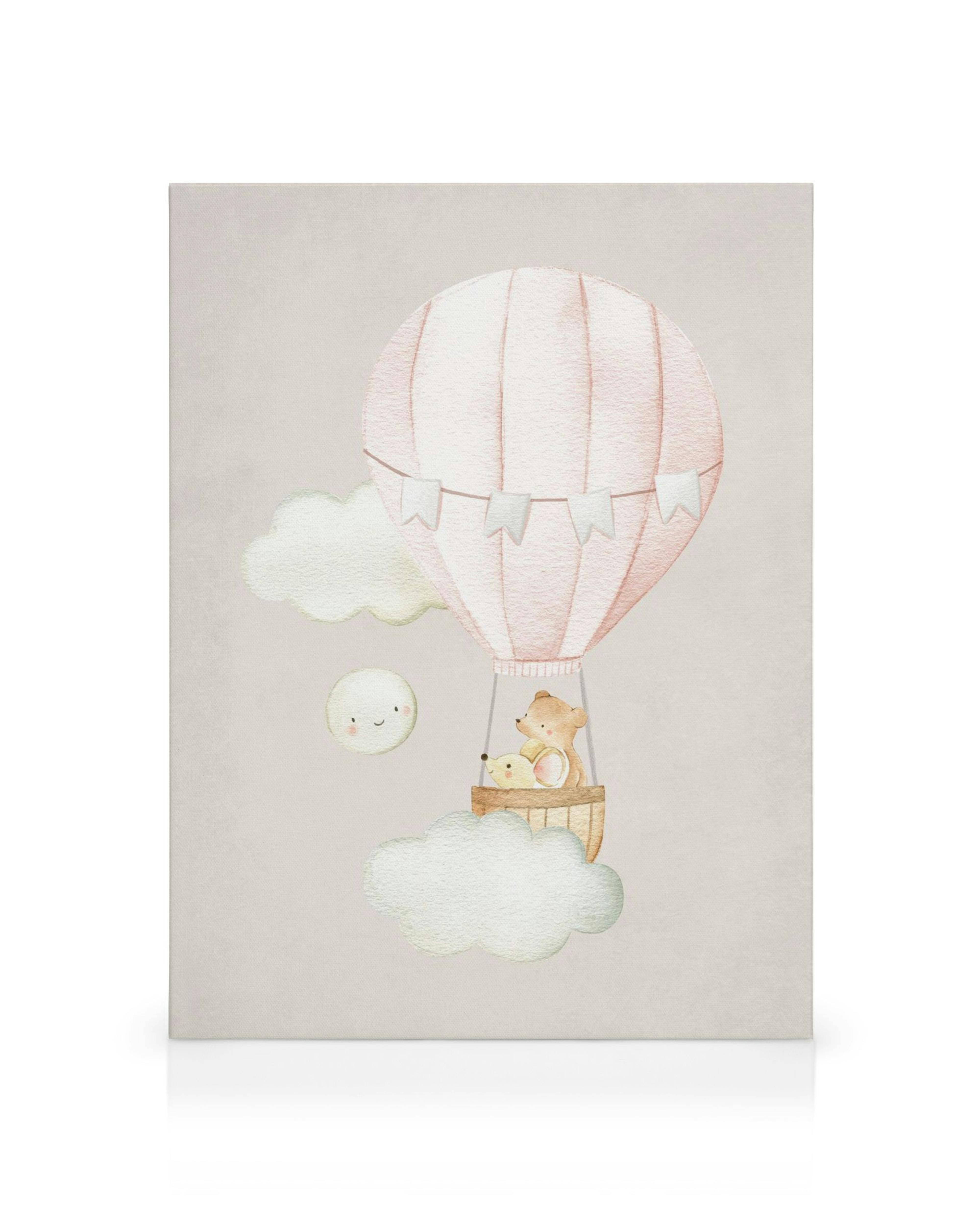 Ροζ αερόστατο με αρκουδάκια, σύννεφα και φεγγάρι, παιδικός καμβάς.