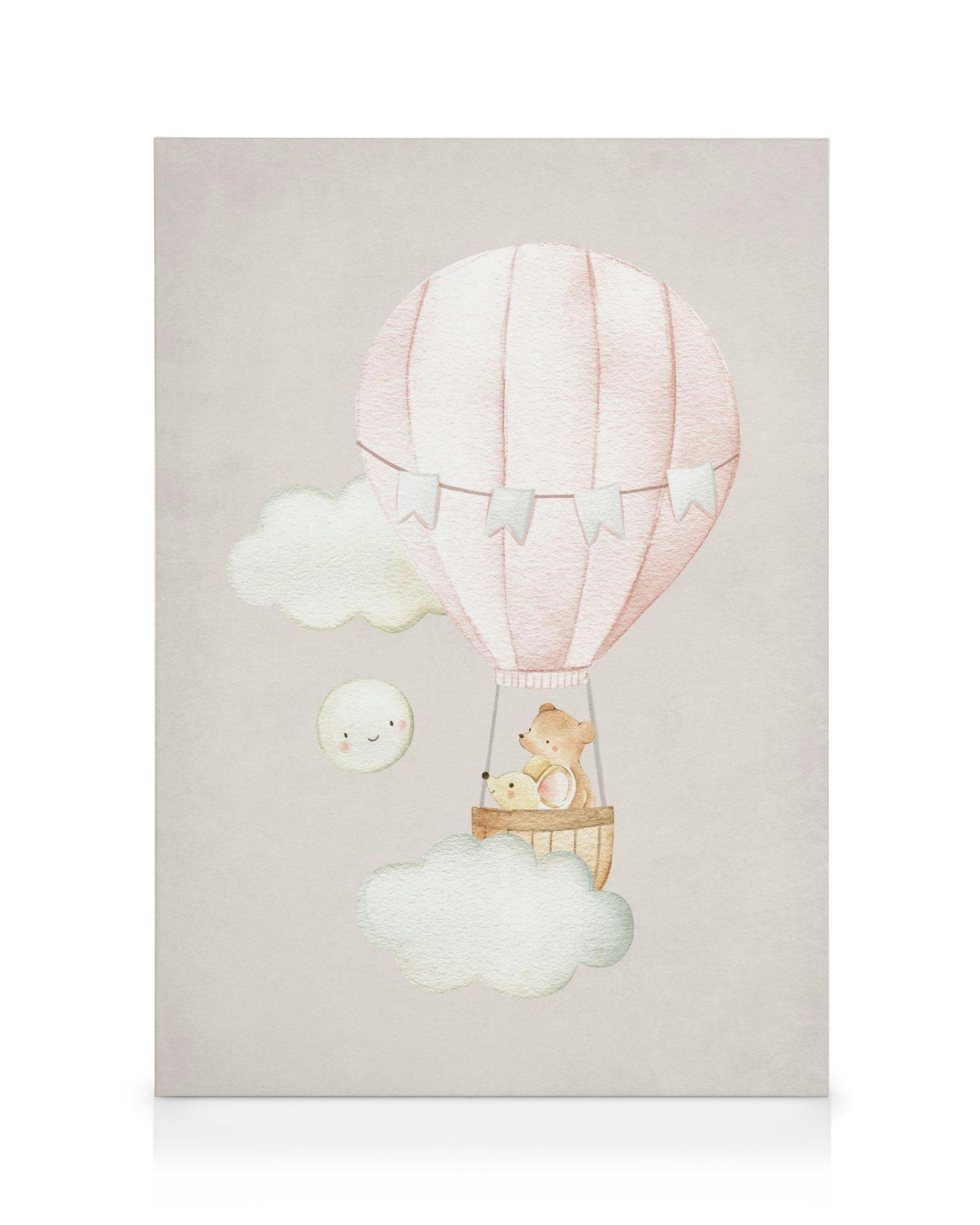 Toile montgolfière rose avec ours en peluche et oiseau, nuages souriants sur fond beige doux, un design pour chambre denfant