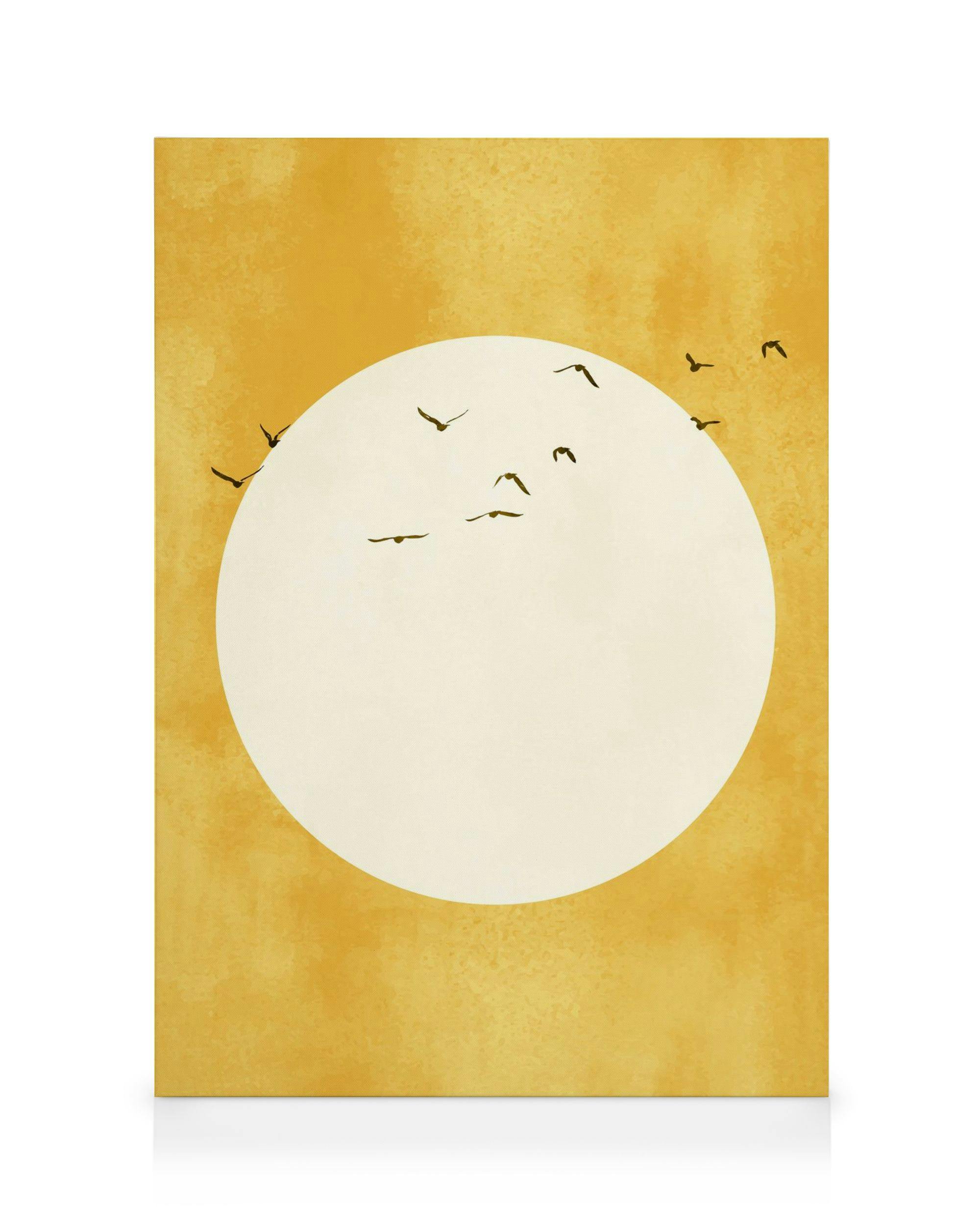 Boris Draschoff Kubistika Eternal Sunshine canvas print: yellow background with a large white circle and flock of black birds fl