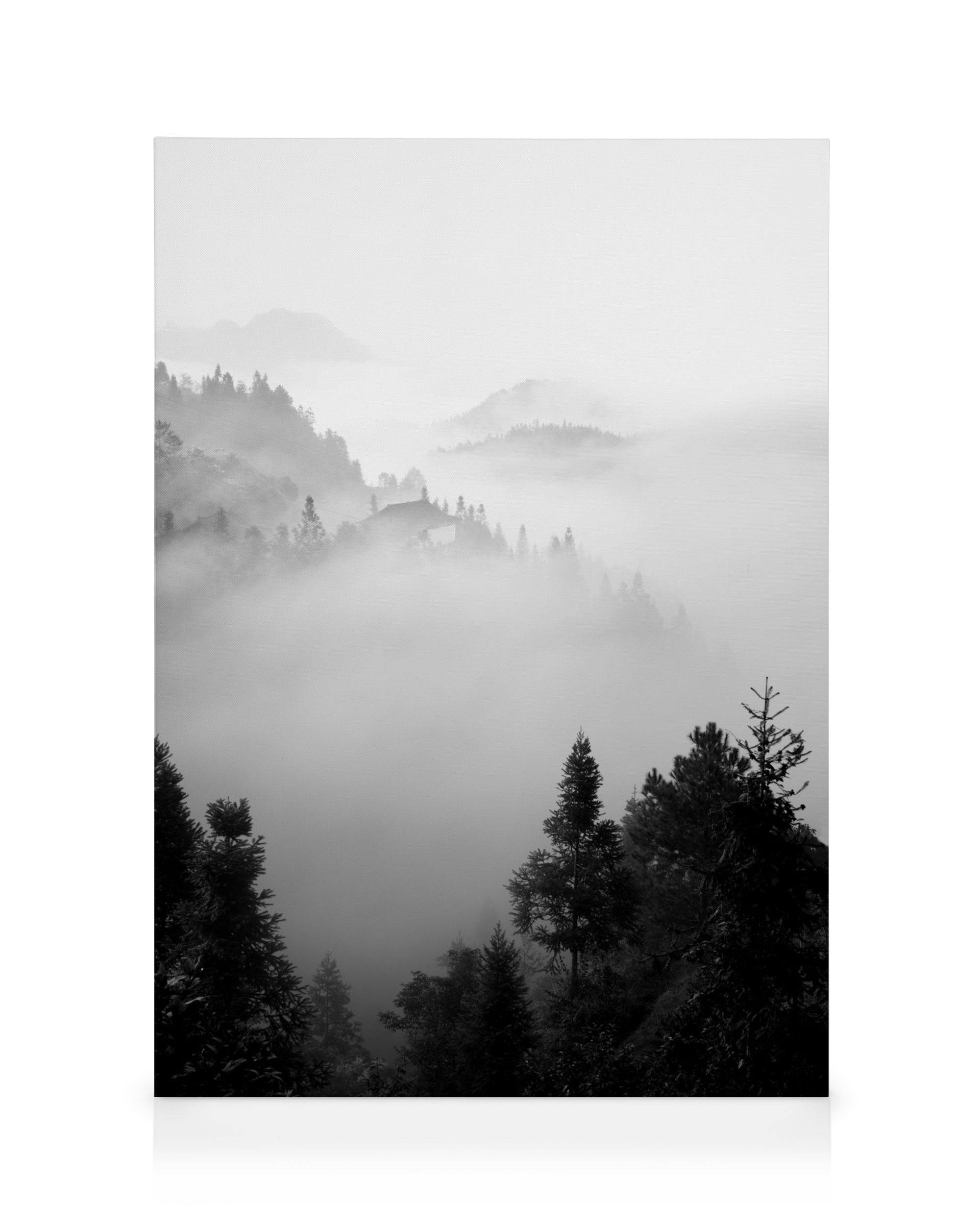 Toile photo noir et blanc de montagnes brumeuses avec des arbres sombres au premier plan et des collines couvertes de brouillard