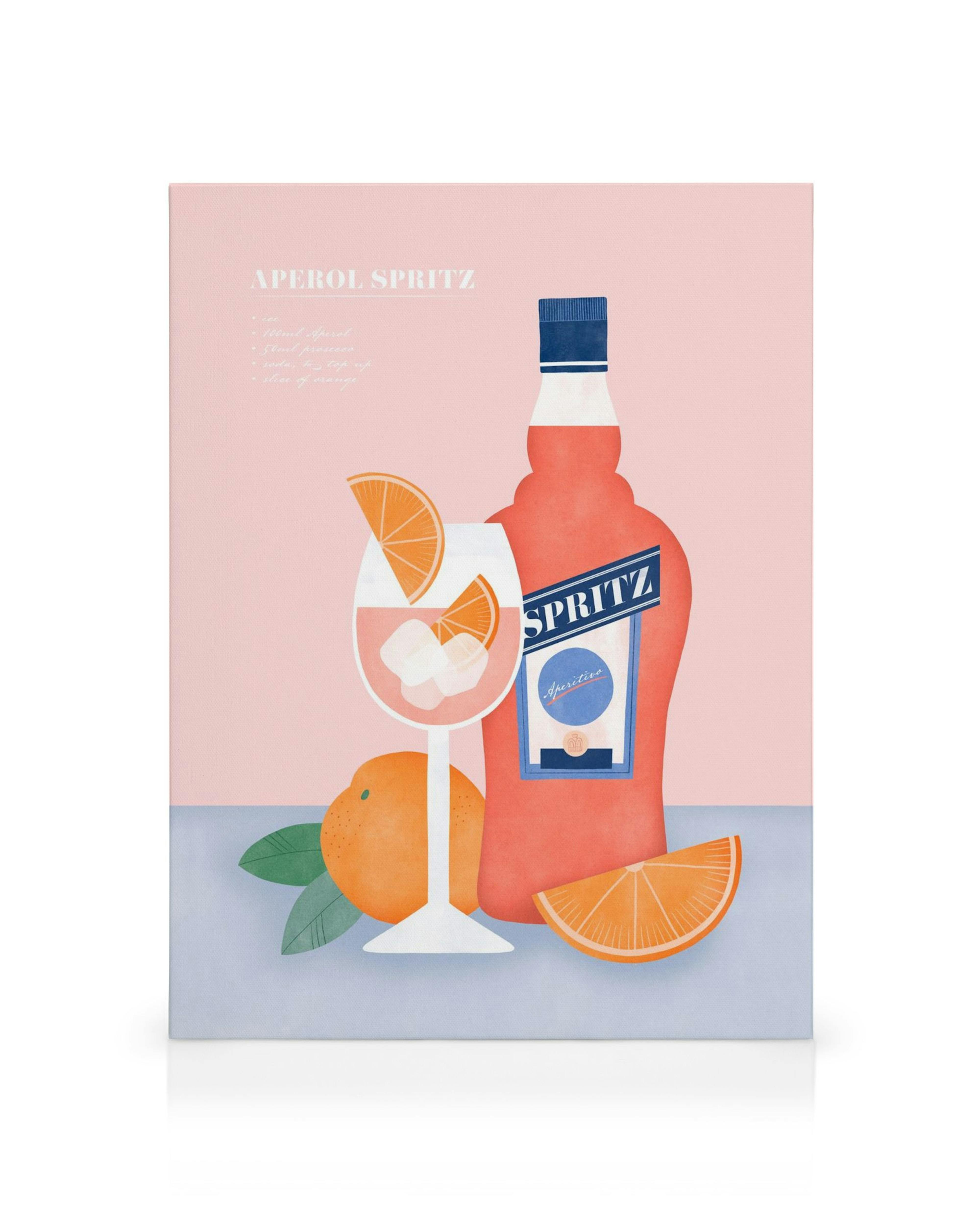Grafische illustratie van een Aperol Spritz fles en glas met sinaasappelschijfjes op roze en blauwe achtergrond.