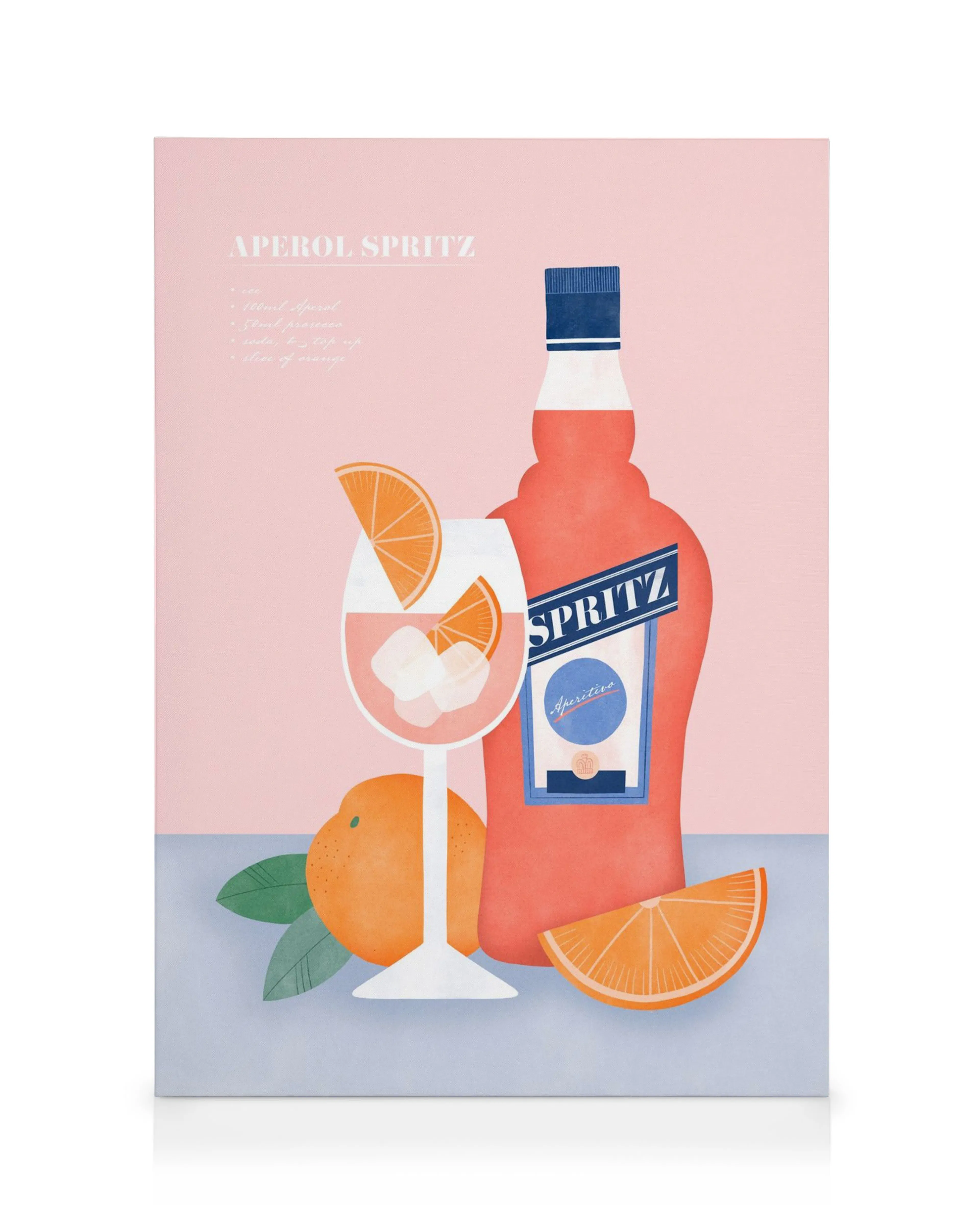 Lærred med en illustreret Aperol Spritz flaske, glas med drink, appelsin og appelsinskiver på lyserød og blå baggrund.