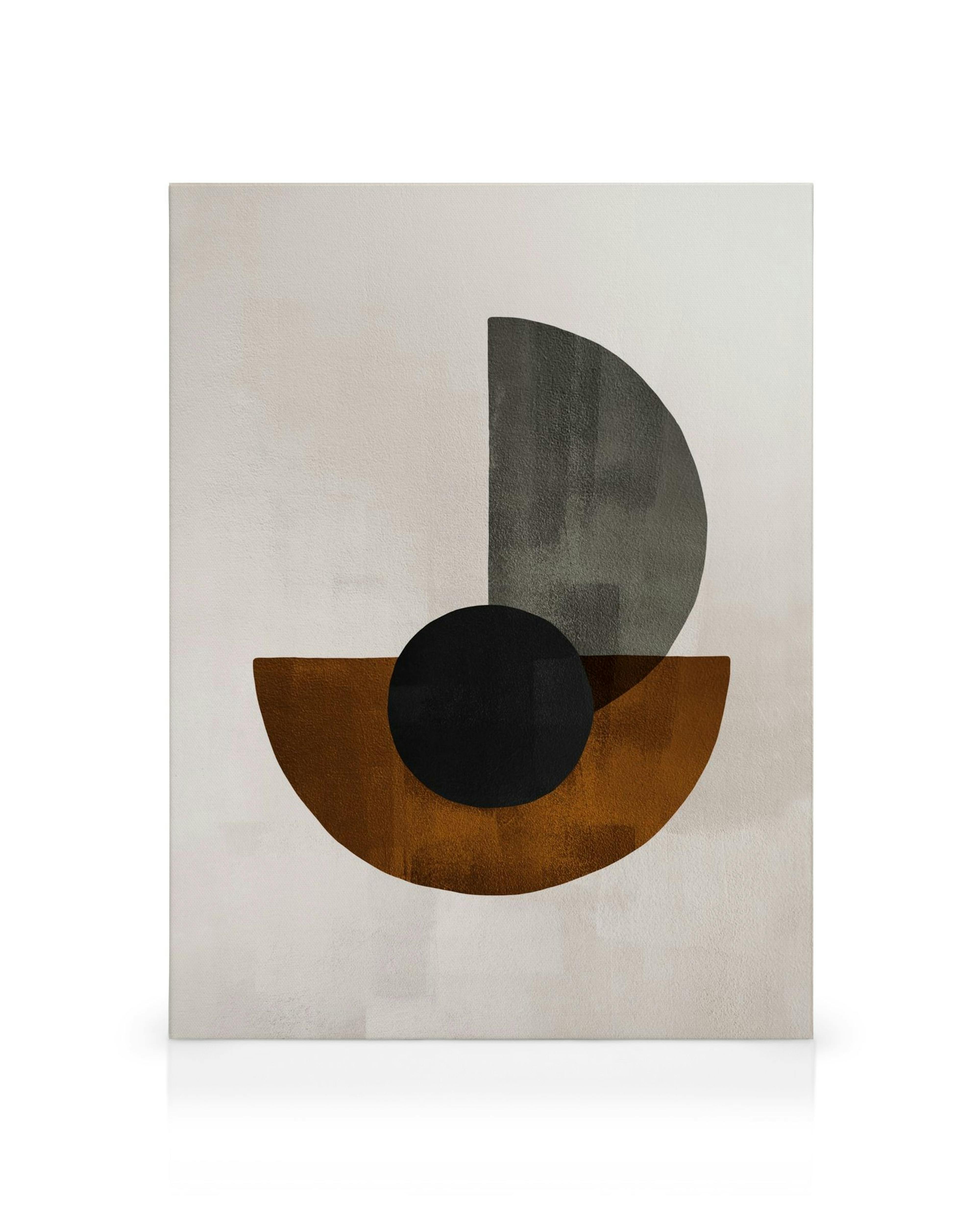 Weimar Circles No2 kanvaasi: Abstrakti moderni taide, jossa on puoliympyröitä ja ympyrä beigen, harmaan, mustan ja ruskean sävyi