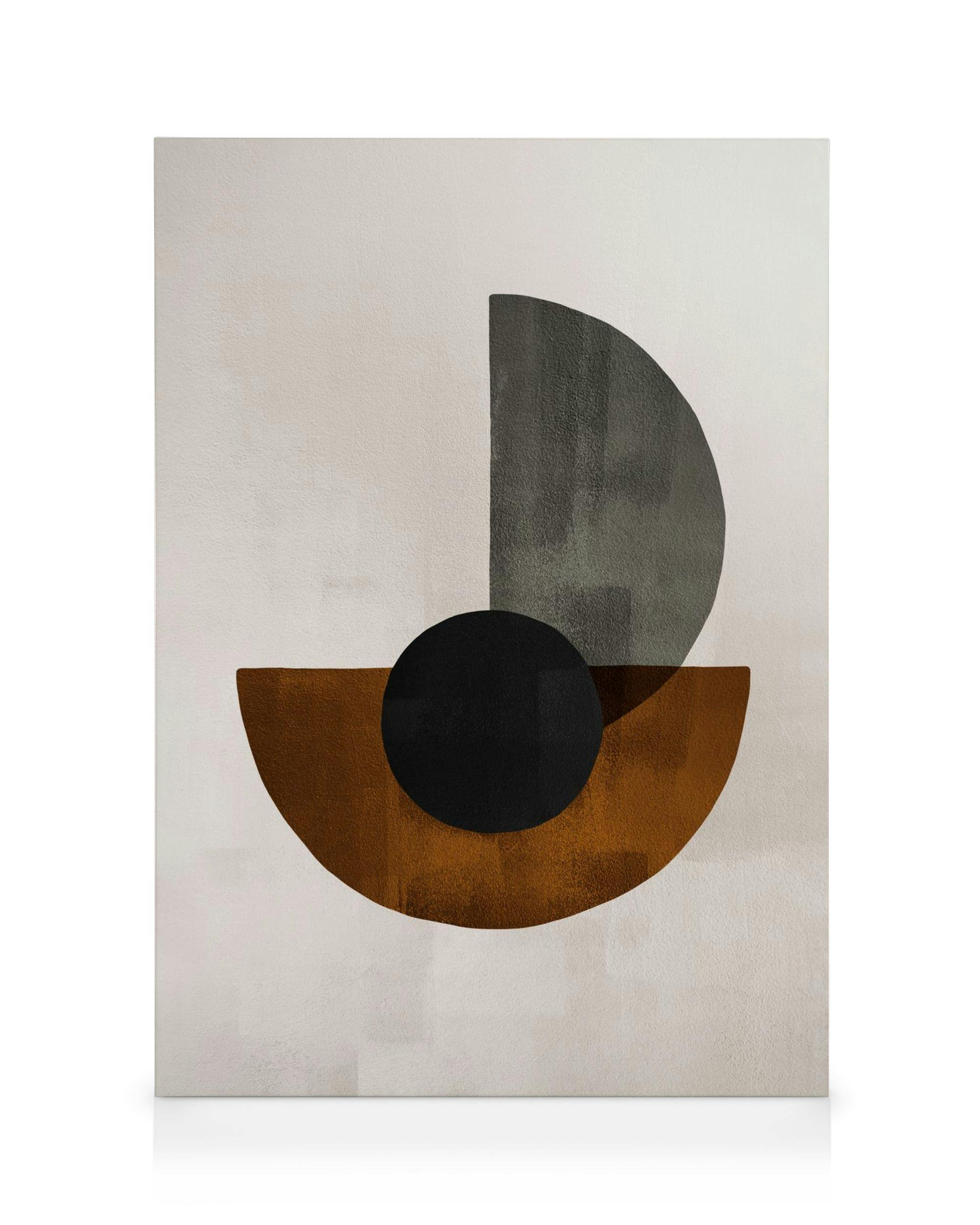 Καμβάς Weimar Circles No2, γεωμετρική τέχνη με ημικύκλια σε καφέ και γκρι, και μαύρο κύκλο
