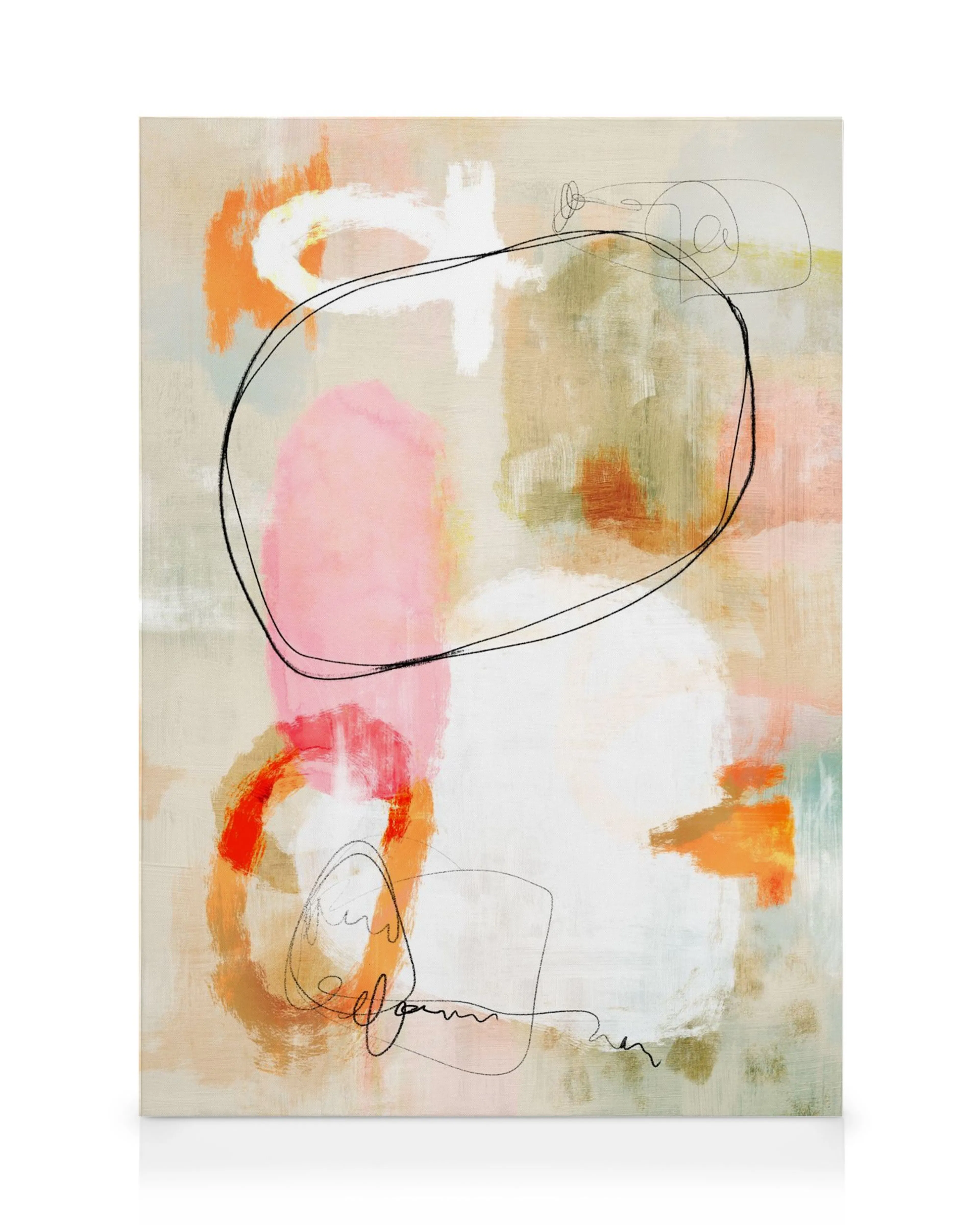 Pastel Abstract No2 canvas print, featuring soft pink, orange, and white brushstrokes with delicate black line art.