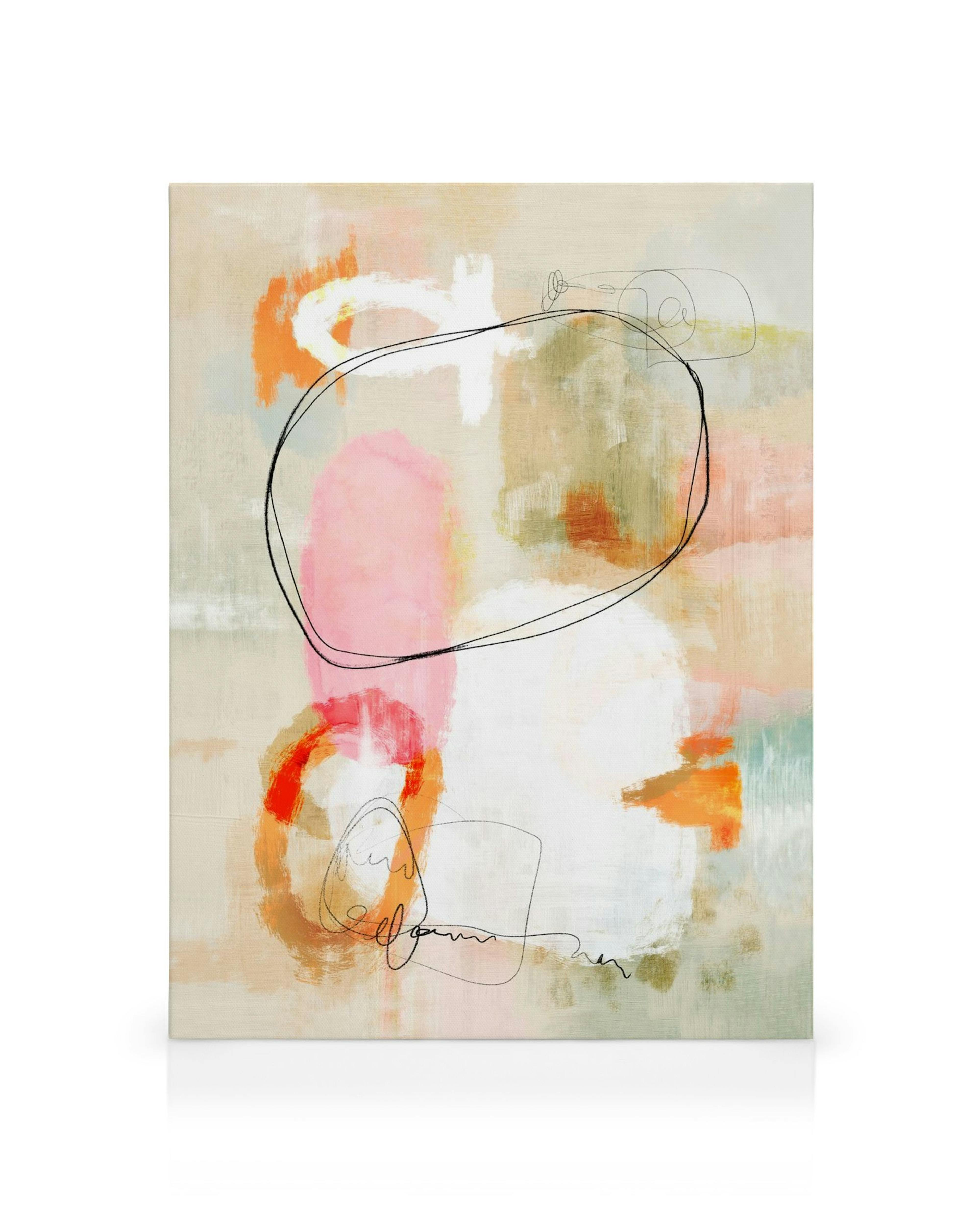 Pastel abstract canvas print with pink, orange, white, and green brushstrokes, accented by black line art shapes.