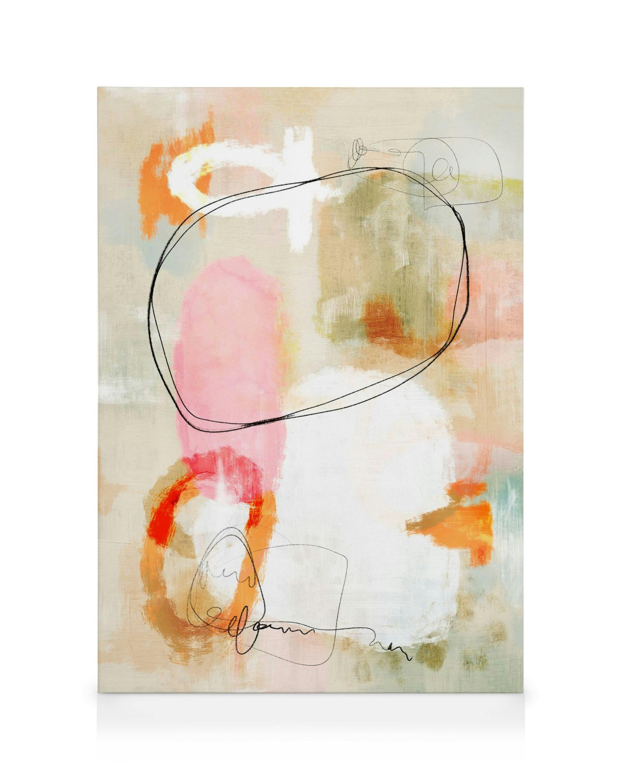 Abstract canvas print with spontaneous orange, pink, white, green patches, and black squiggly lines.