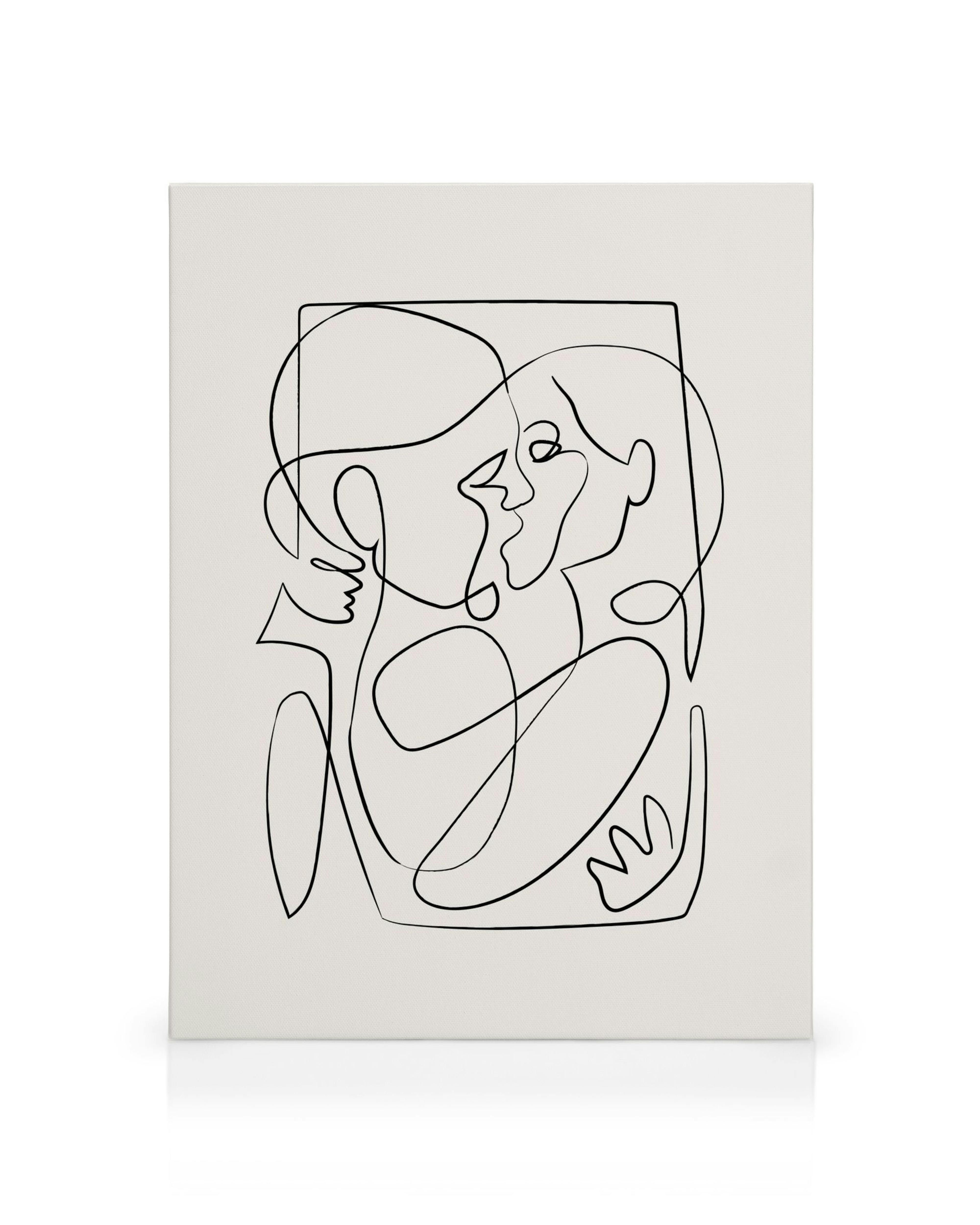 Toile minimaliste de deux visages abstraits noirs sur fond blanc. Oeuvre dart Toile avec dessin au trait continu.