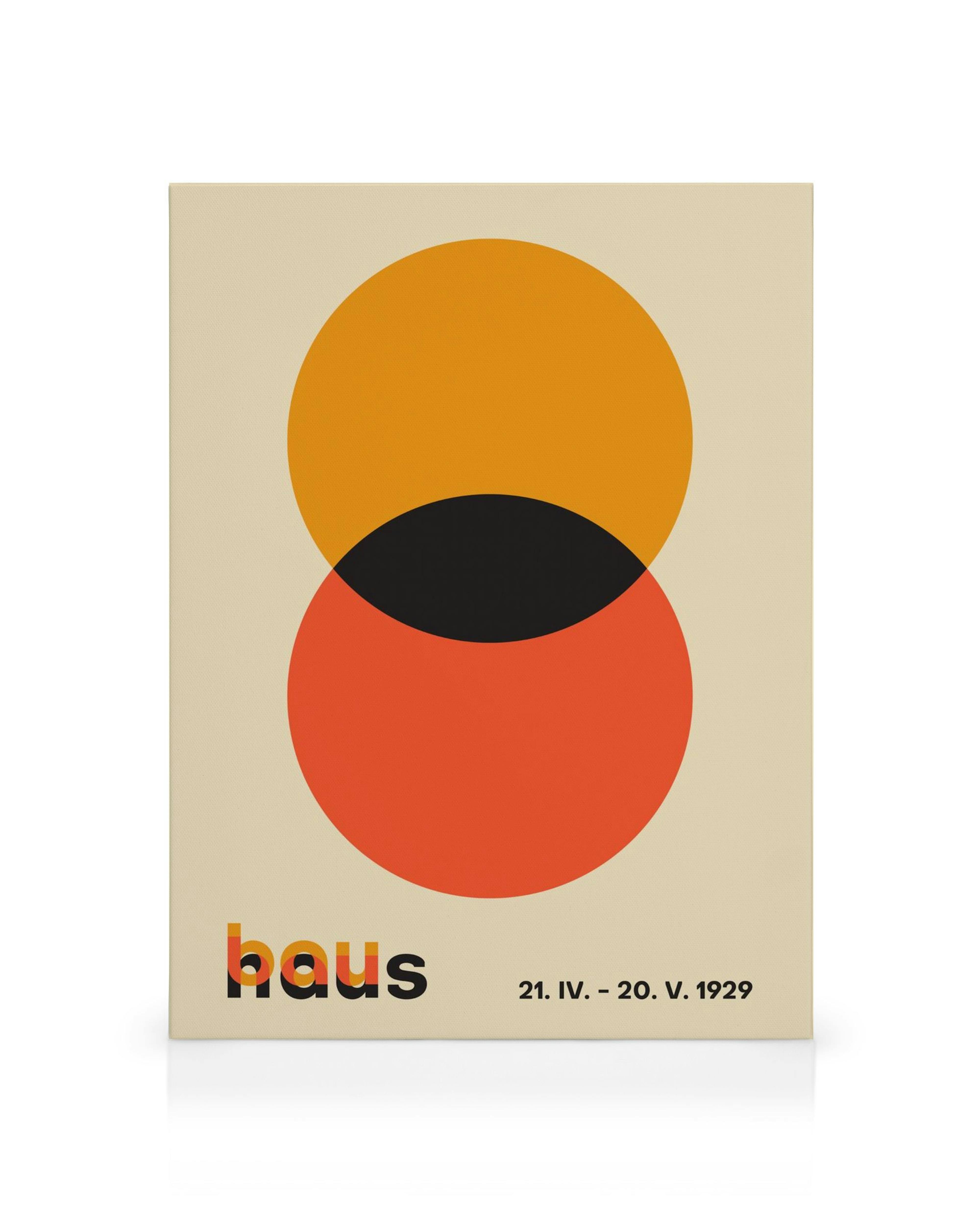 Bauhaus Leinwandbild mit abstrakten Kreisen in Orange, Schwarz und Rot auf hellem Hintergrund.