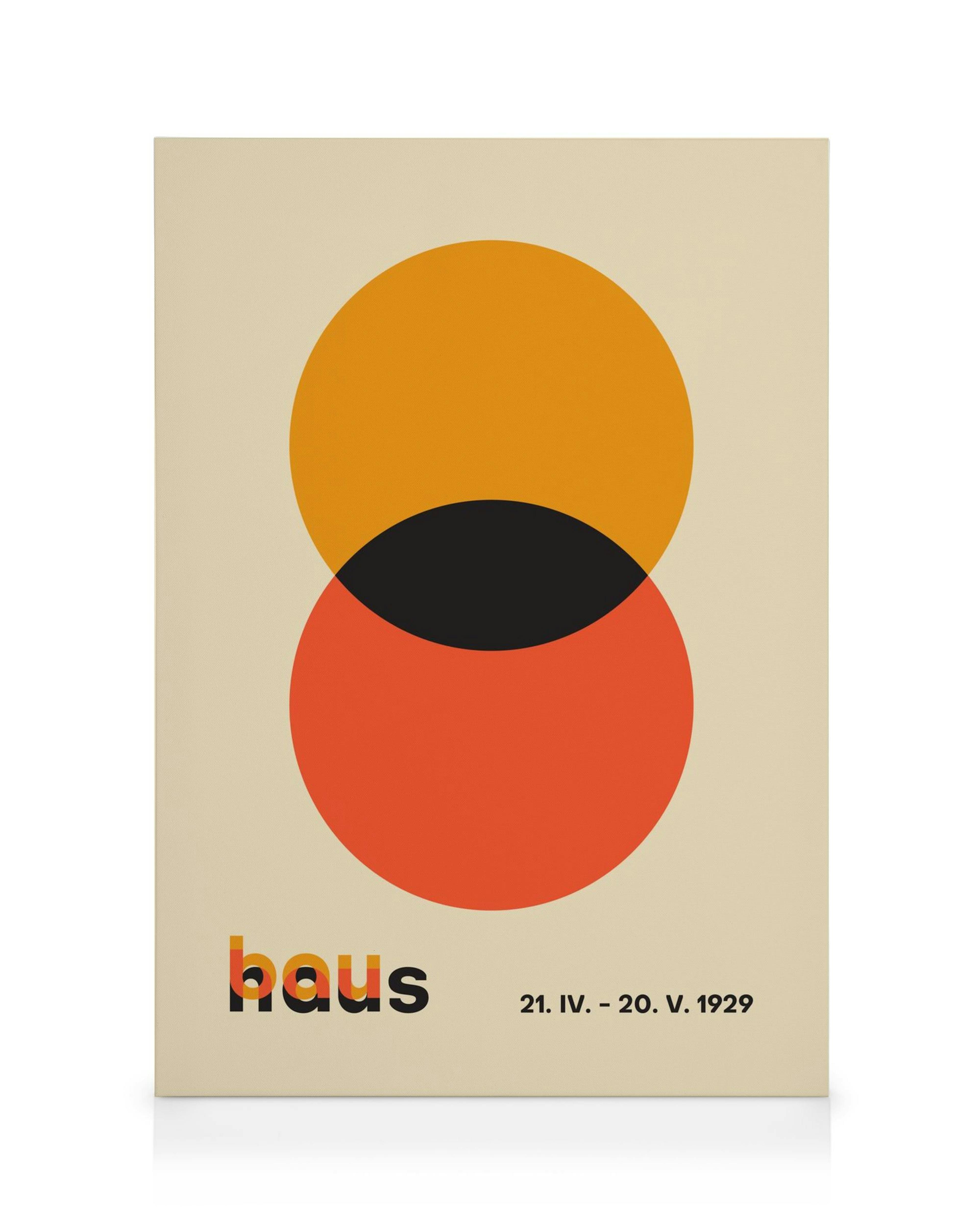 Leinwandbild mit überlappenden roten, orangefarbenen und schwarzen Bauhaus-Kreisen auf beigem Hintergrund, modernes Design.