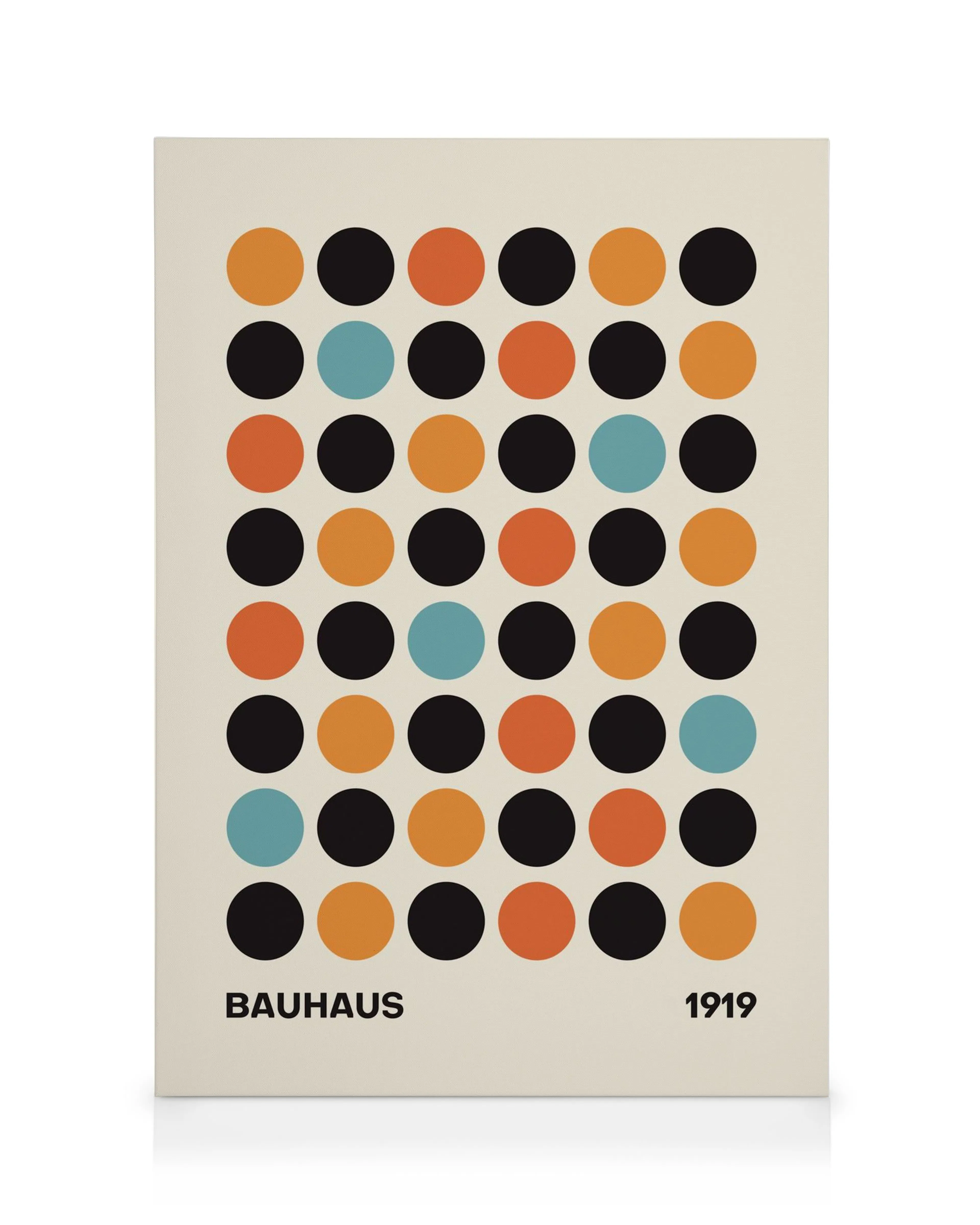 Fargerikt Bauhaus lerret med geometriske sirkler i oransje, blått, svart, rødt på kremfarget bakgrunn, tekst BAUHAUS 1919.