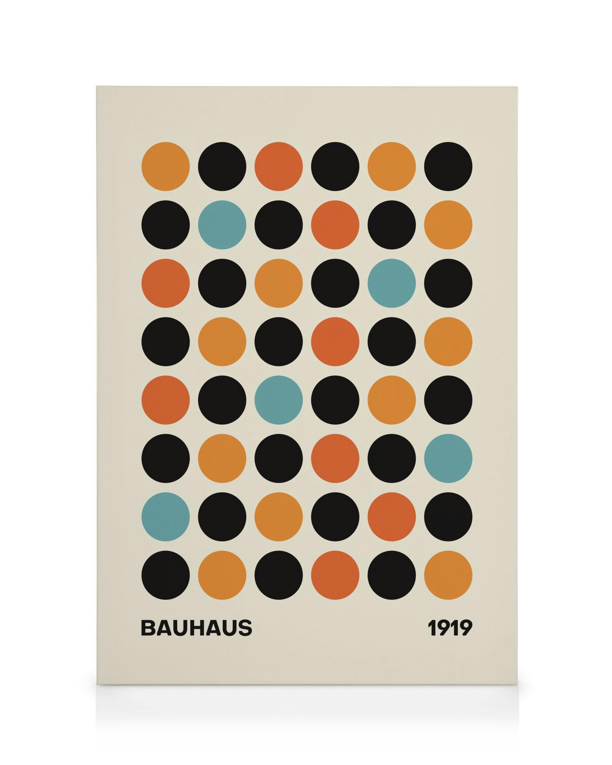 Leinwandbild mit schwarzem, orangefarbenem, blauem Punktraster auf cremefarbenem Hintergrund, Text Bauhaus 1919.