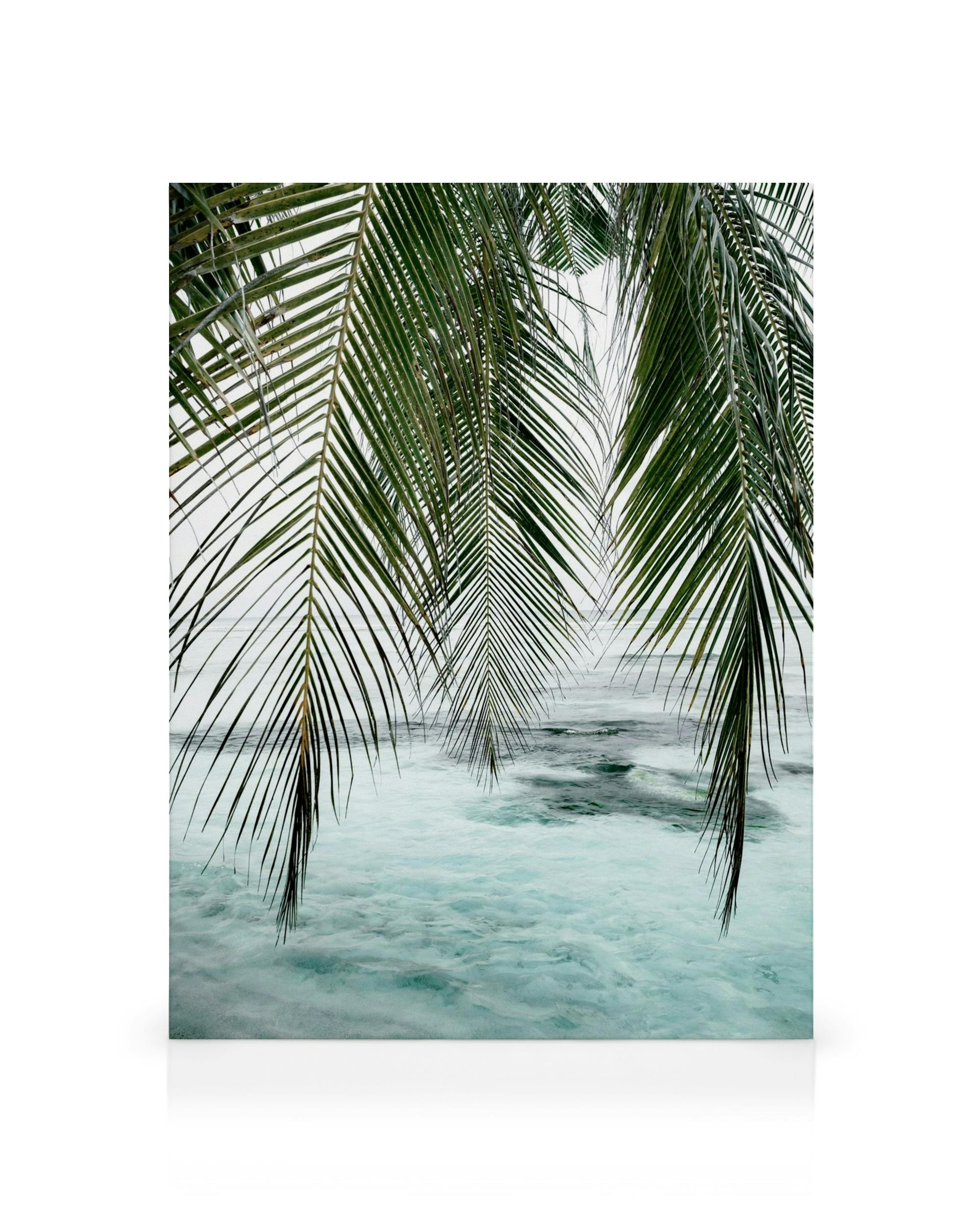 Toile de palmiers verdoyants sur eau turquoise avec ciel nuageux, dessin océan bleu