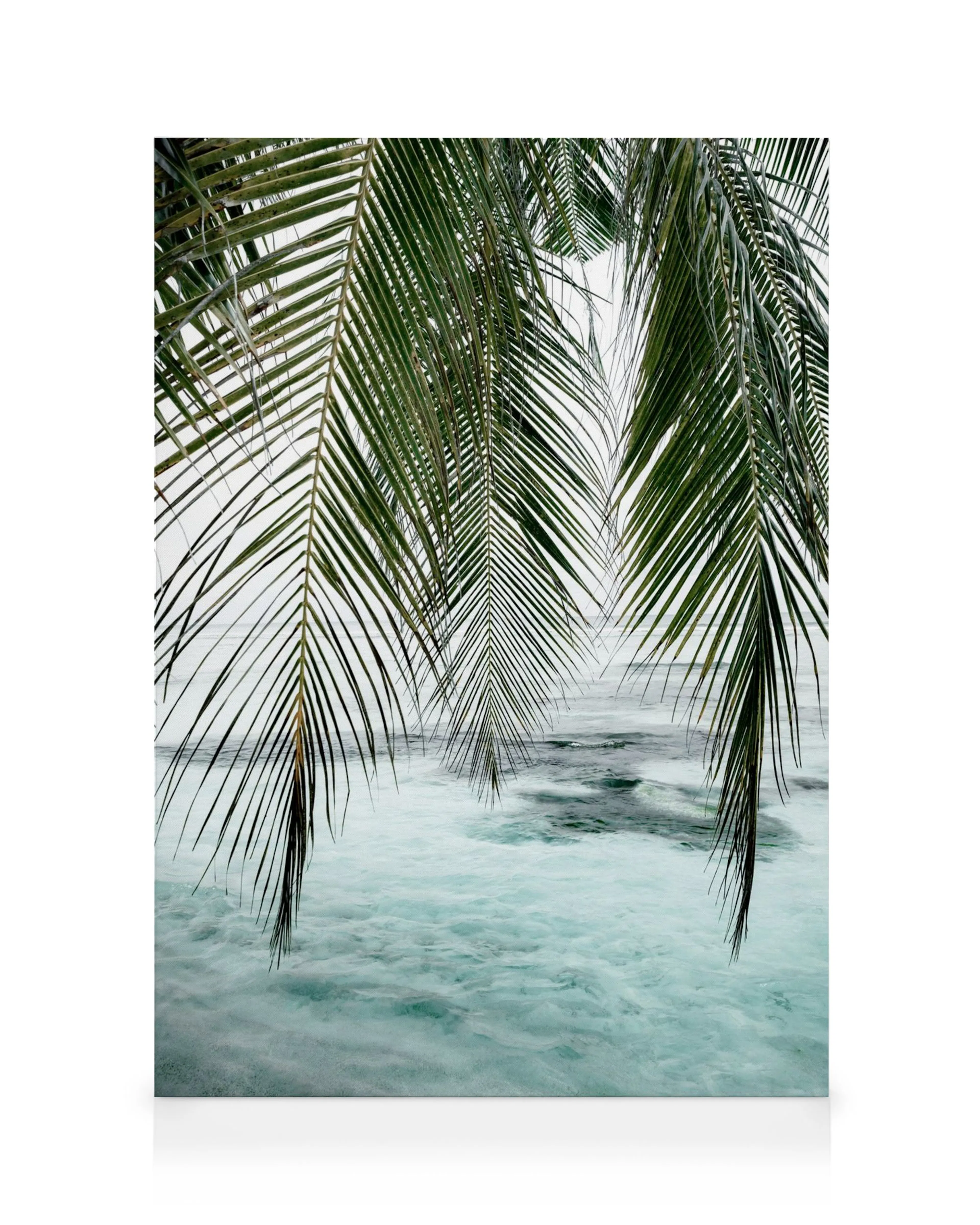 Ocean Palm Canvas print with green palm leaves over turquoise water under a grey sky. Serene nature canvas print.