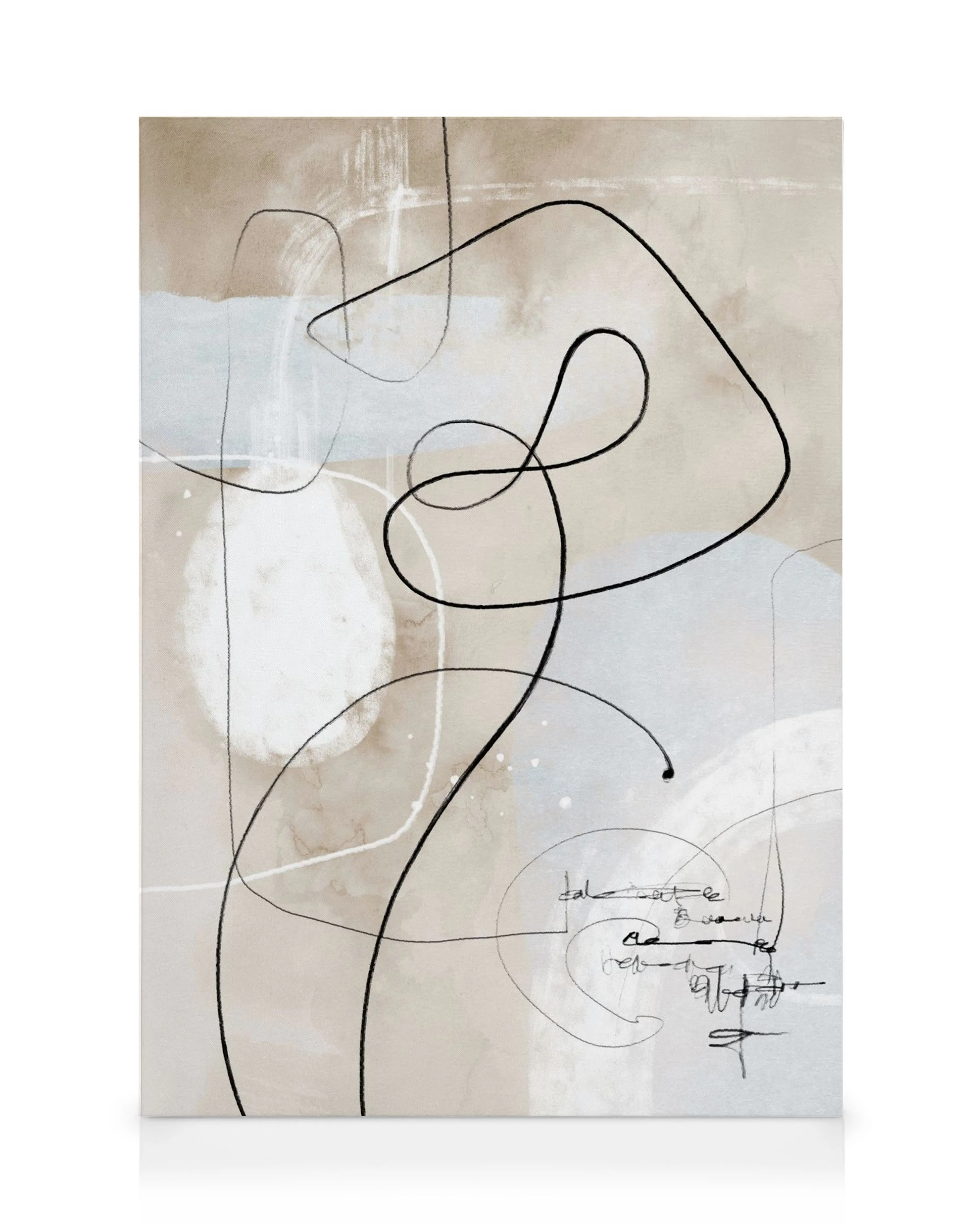 Abstract canvas print with black lines and handwritten text over beige and light blue shapes.