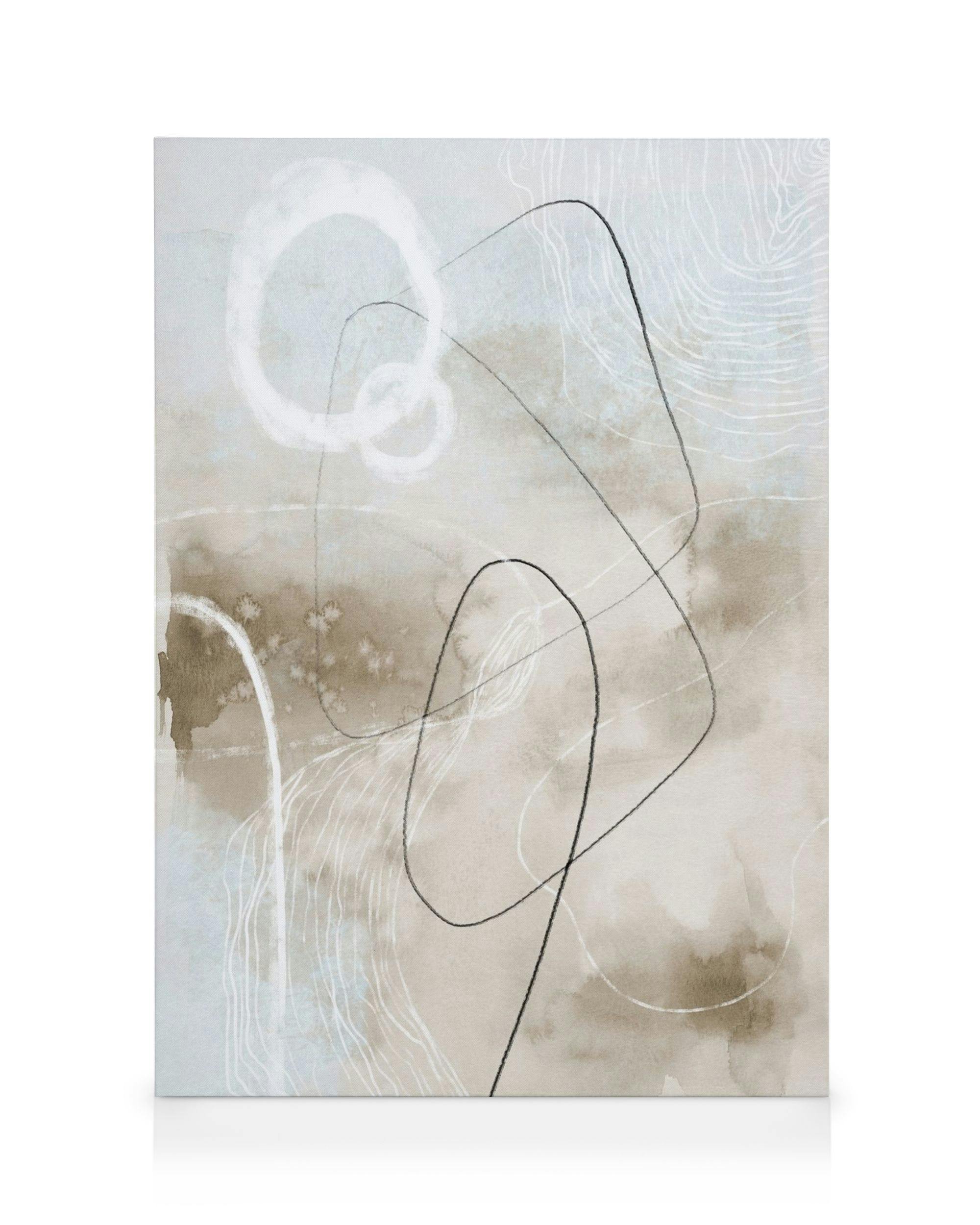 Αφηρημένη τέχνη, καμβάς με γκρι-μπεζ φόντο ακουαρέλας, μαύρες και λευκές γραμμές, οργανικά σχήματα.