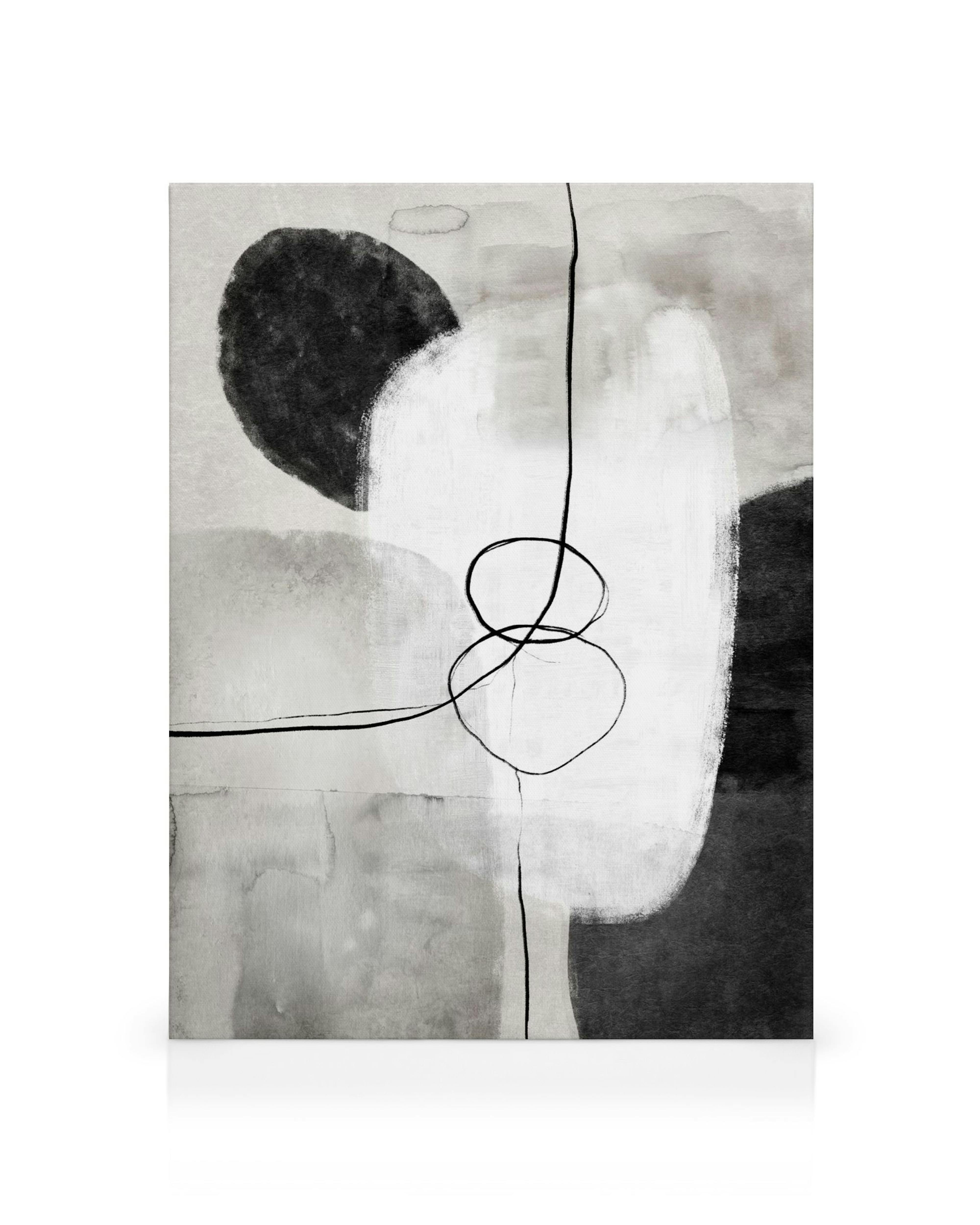 Obraz na płótnie: monochromatyczne kształty, czarne okręgi, cienkie linie na teksturowanym, szarym tle.