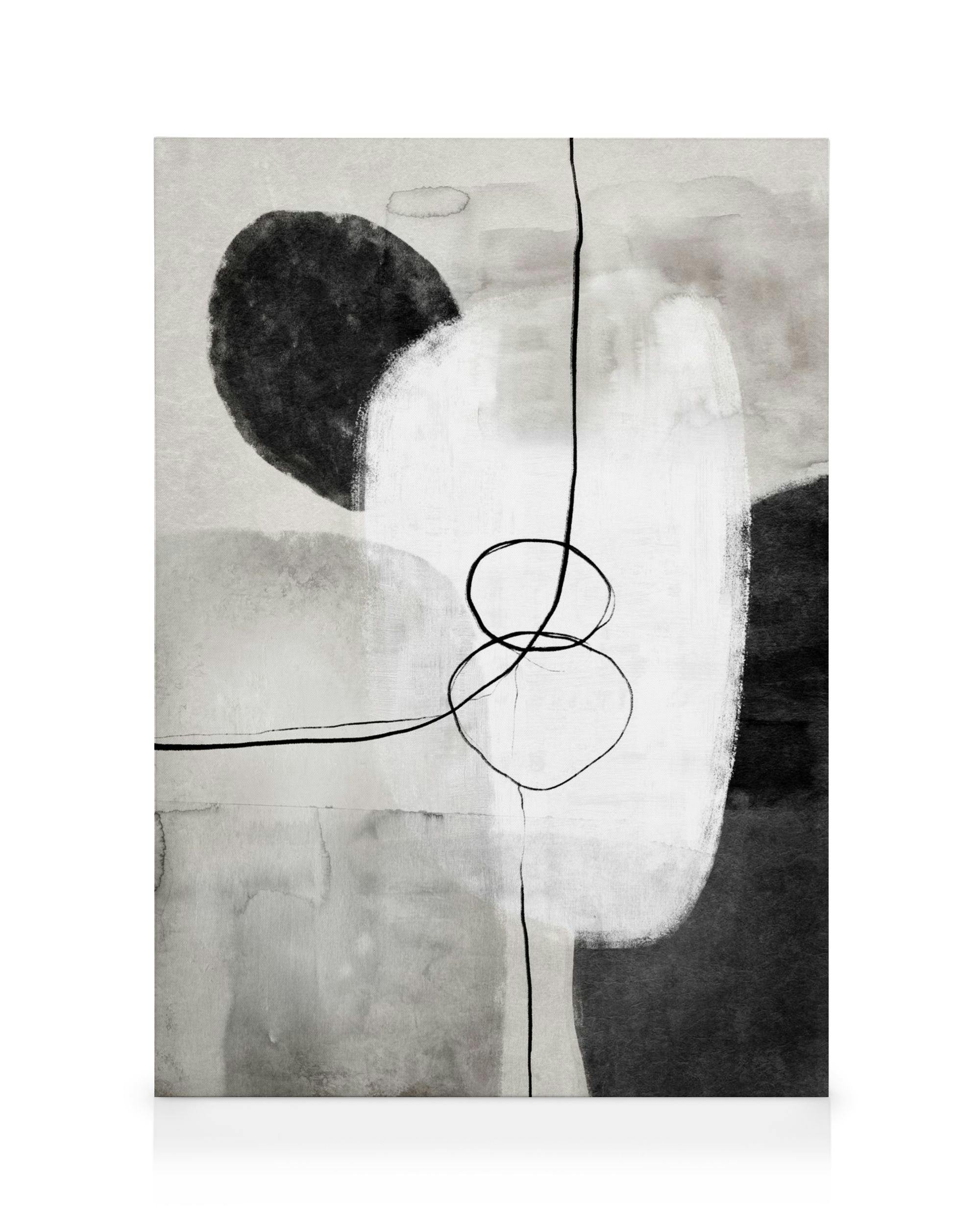 Monochrome abstract canvas print featuring grey, white, and black shapes with an uneven effect and black line art.