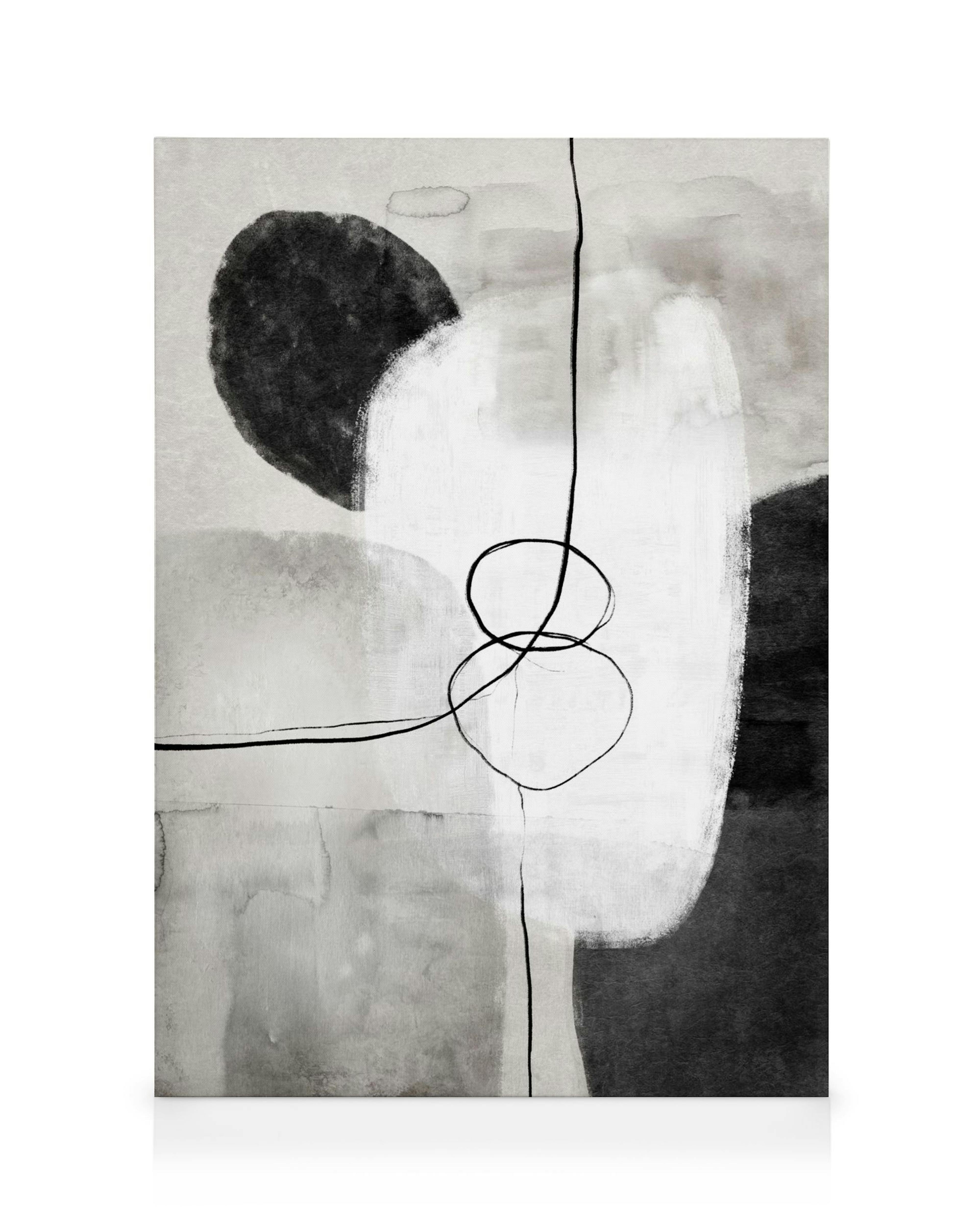 Monochrome abstract canvas print featuring grey, white, and black shapes with an uneven effect and black line art.