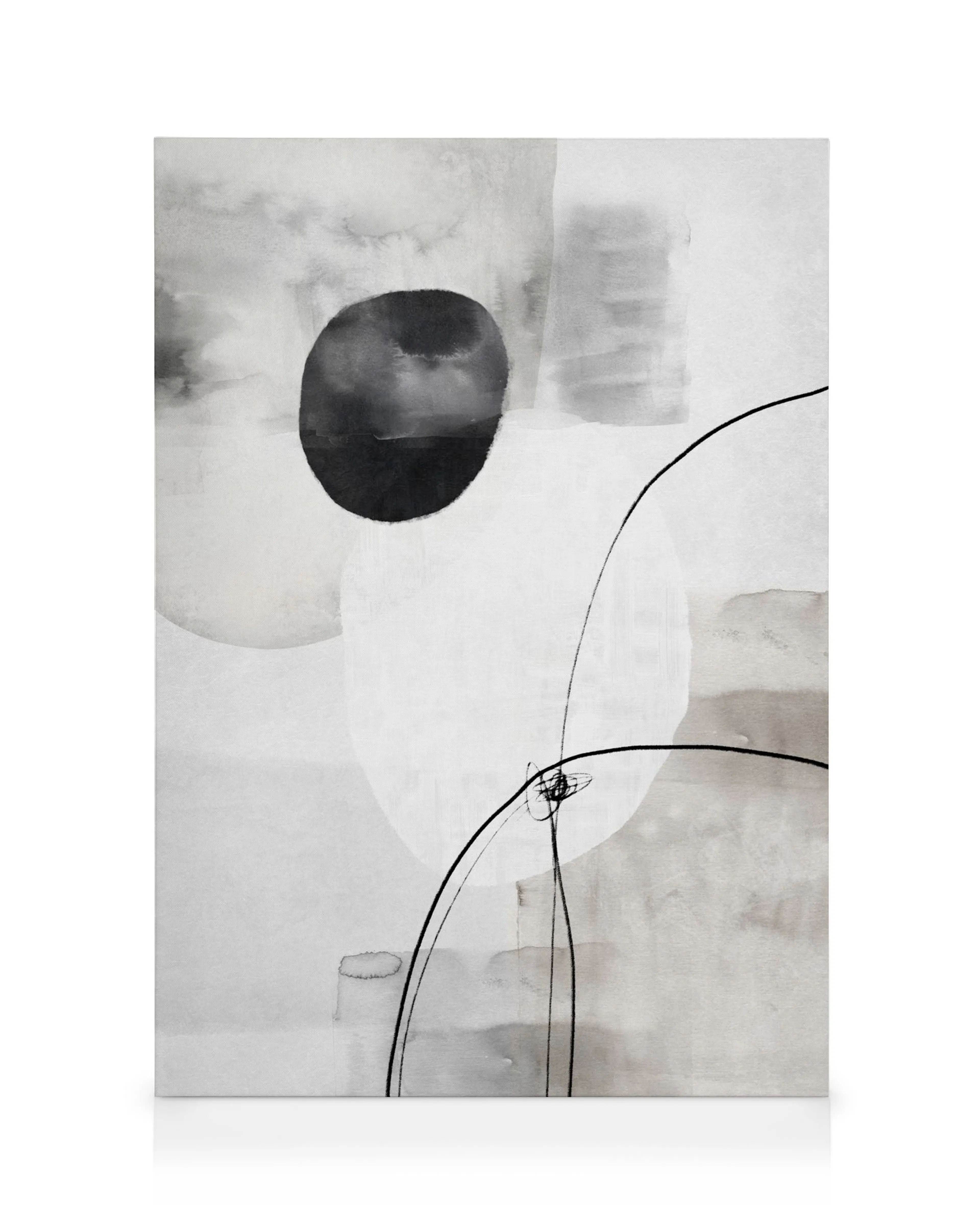 Monochrome canvas print with textured black, white, and grey brushstrokes forming abstract shapes and lines.