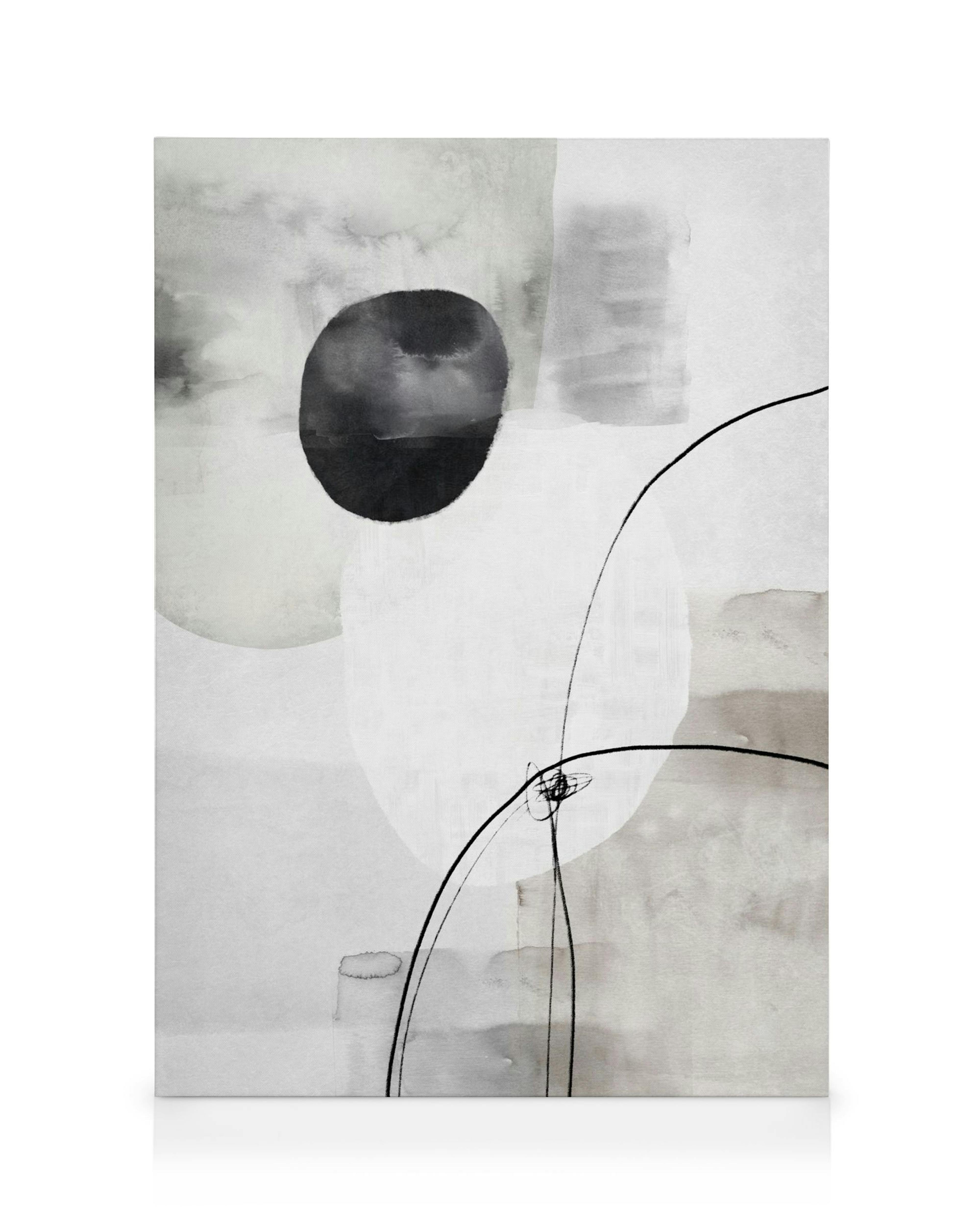 Monochrome abstract canvas print with black, grey, and white shapes, featuring a large black circle and thin black curved lines.
