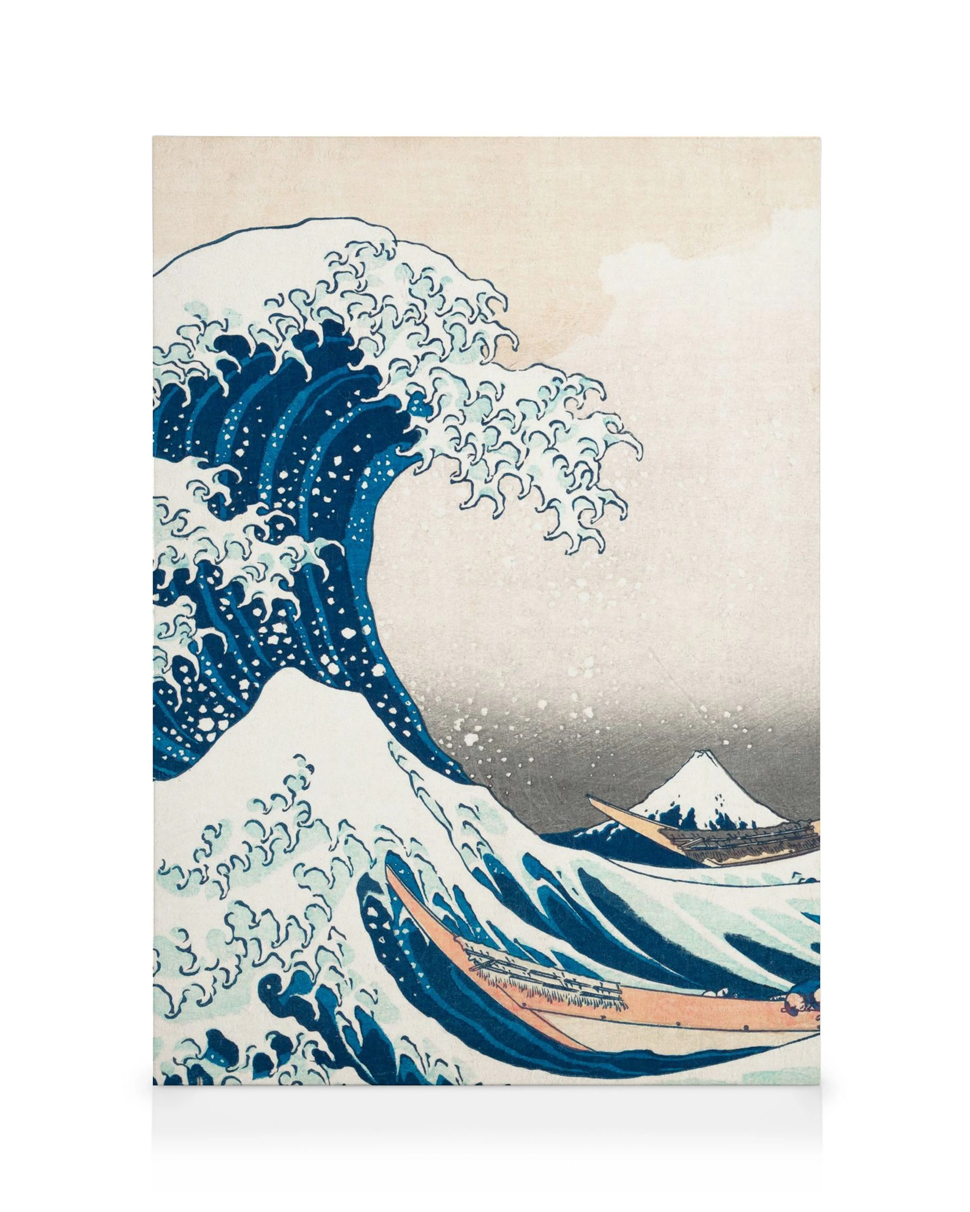Hokusais Great Wave canvas print, featuring a large blue and white wave with a snowy mountain and boats.