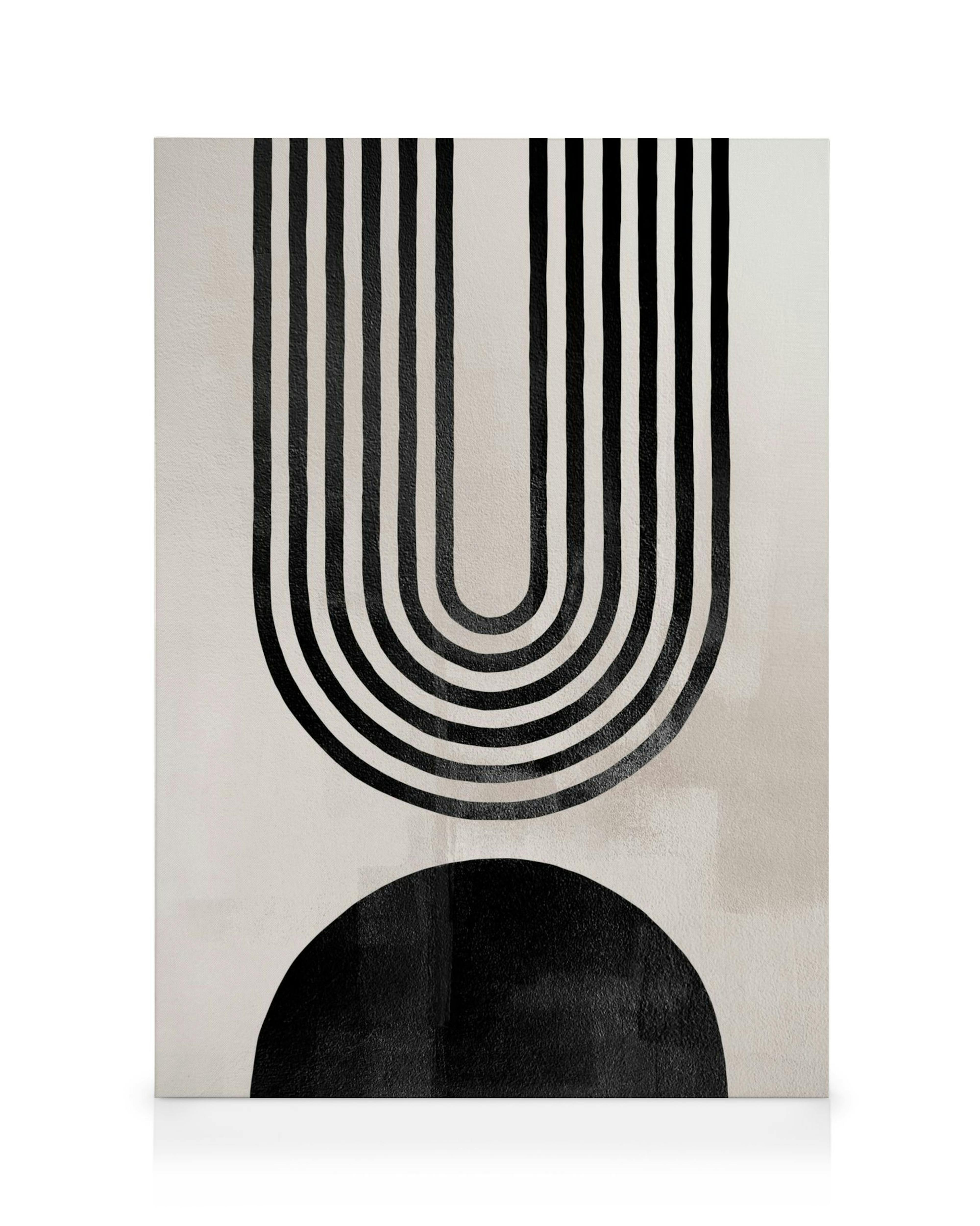 Αφηρημένη αψίδα με μαύρες γραμμές και μαύρο σχήμα σε μπεζ φόντο, μοντέρνο ντιζάιν καμβάς