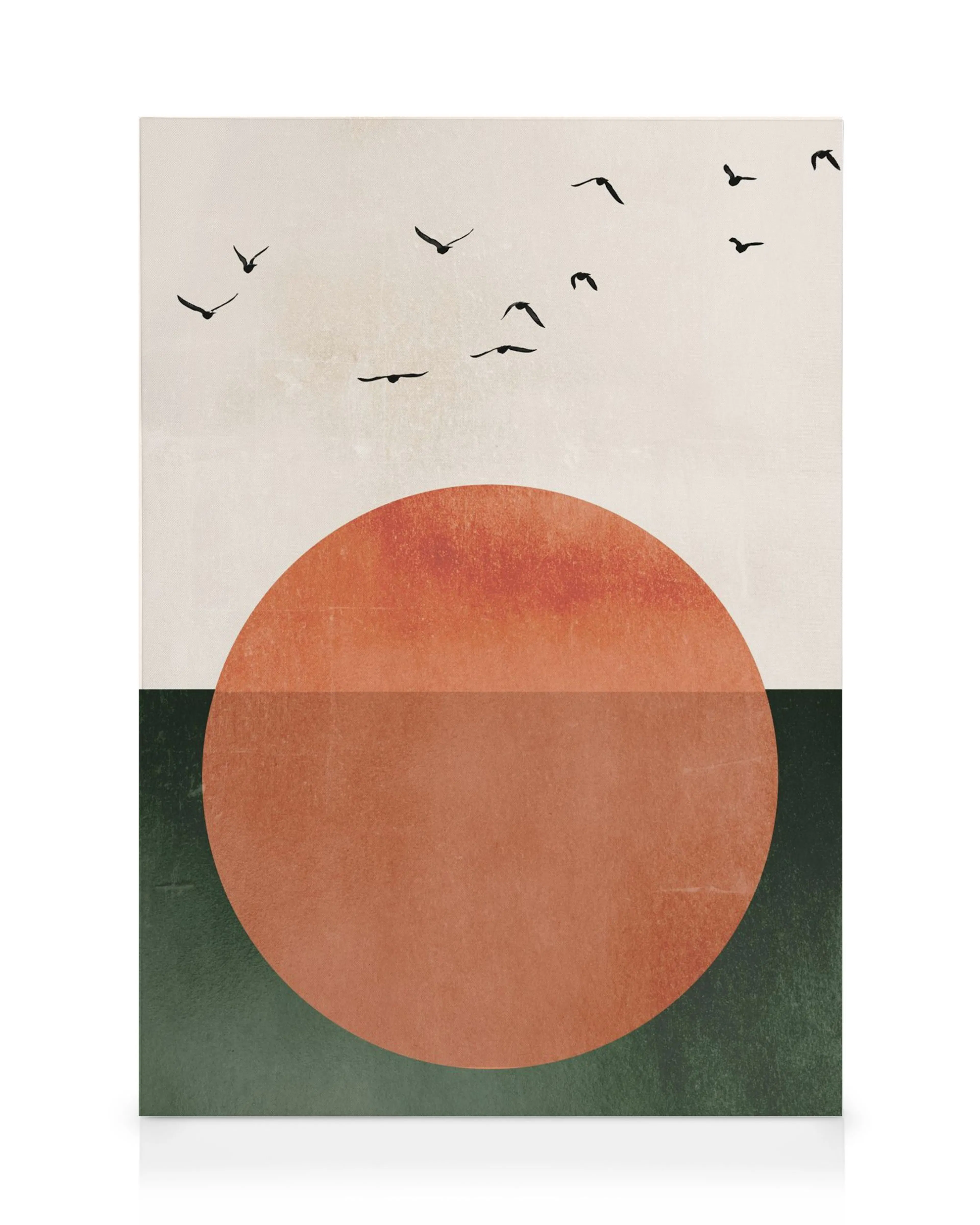 Grafische illustratie van een oranje zon met vogels tegen een beige en groene achtergrond