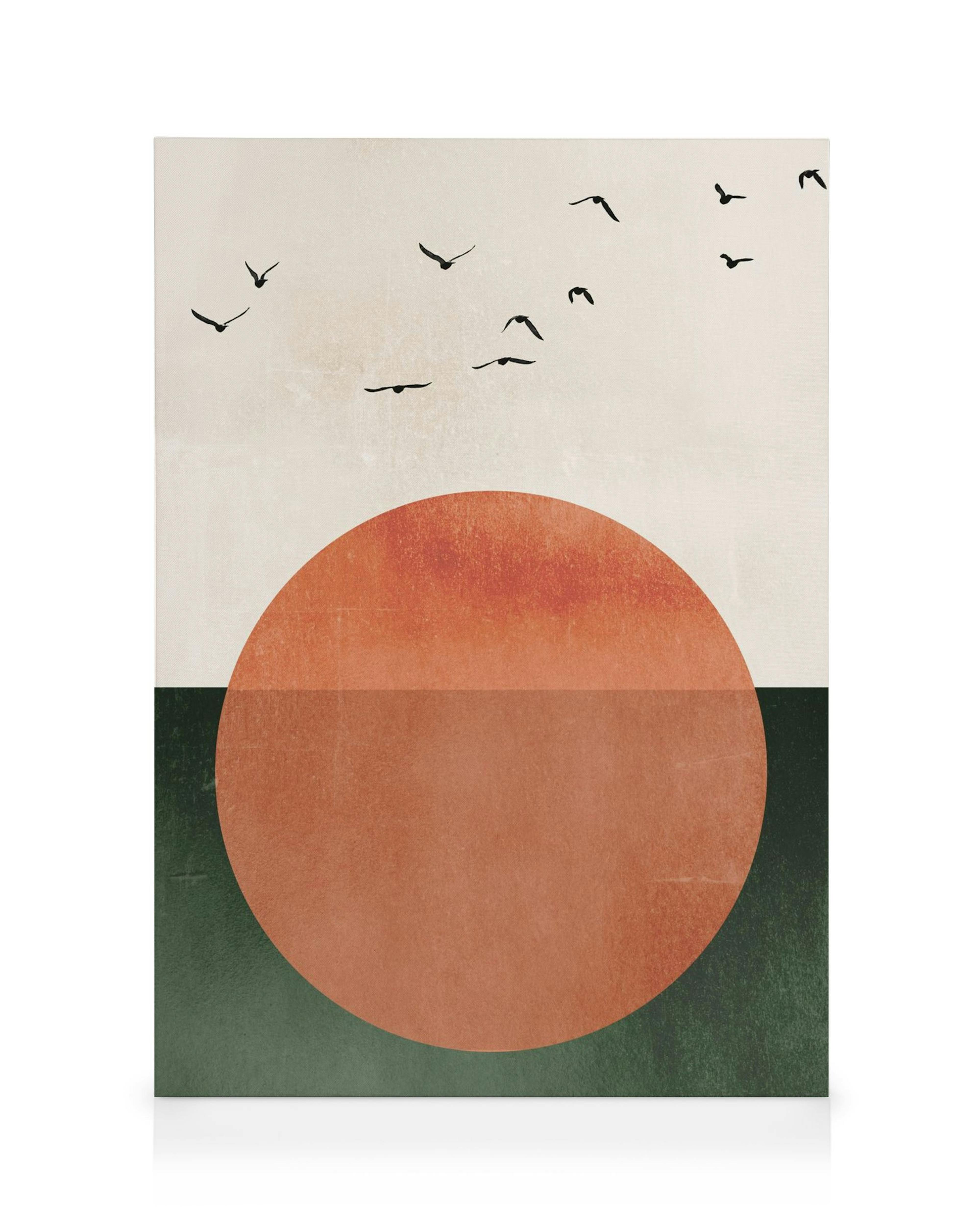 Toile graphique avec grand soleil orange, fond beige/vert et oiseaux noirs en vol. Ambiance rétro.