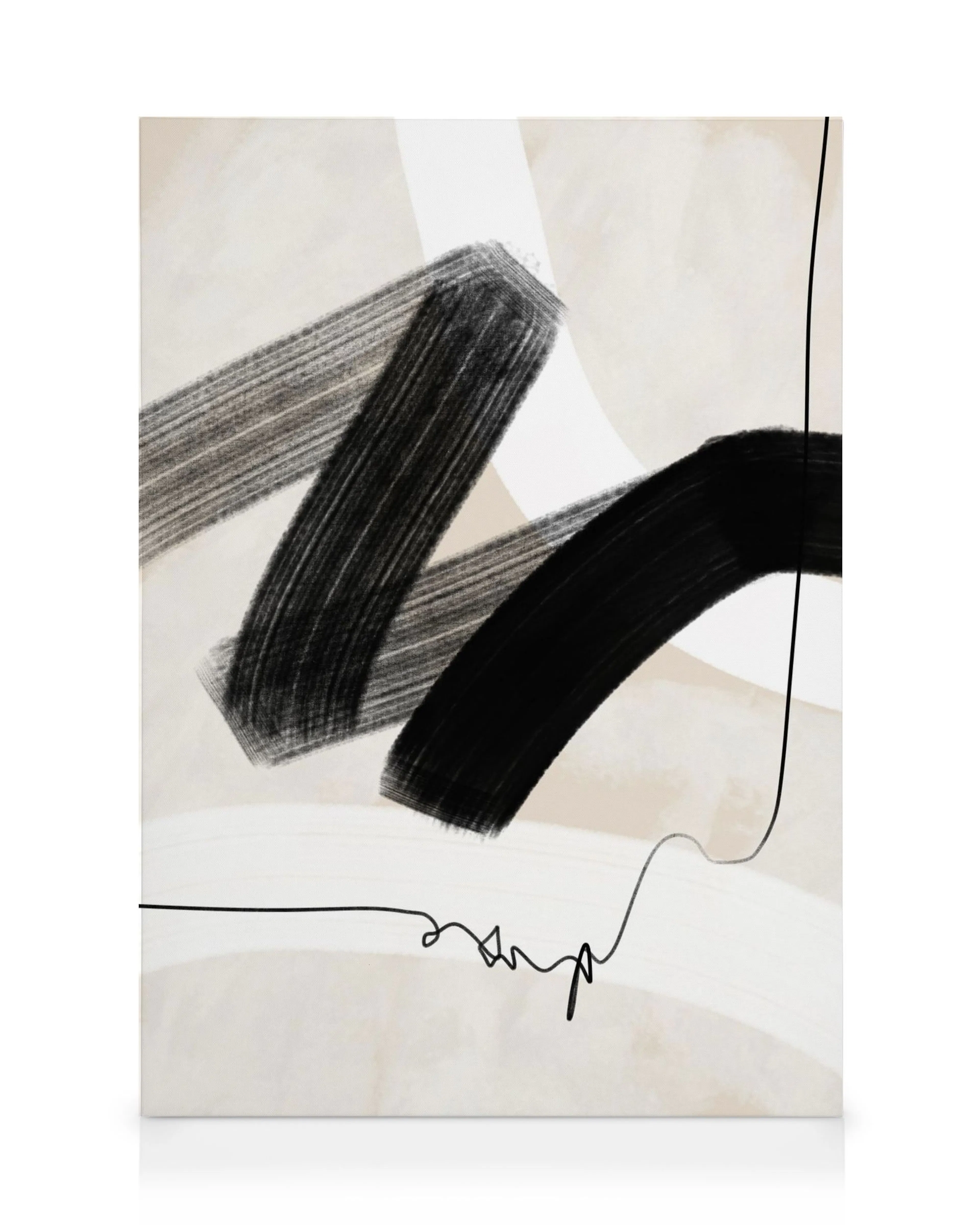 Abstrakt illustration med sort-hvide penselstrøg og mørke streger på en lys beige baggrund, moderne kunst.