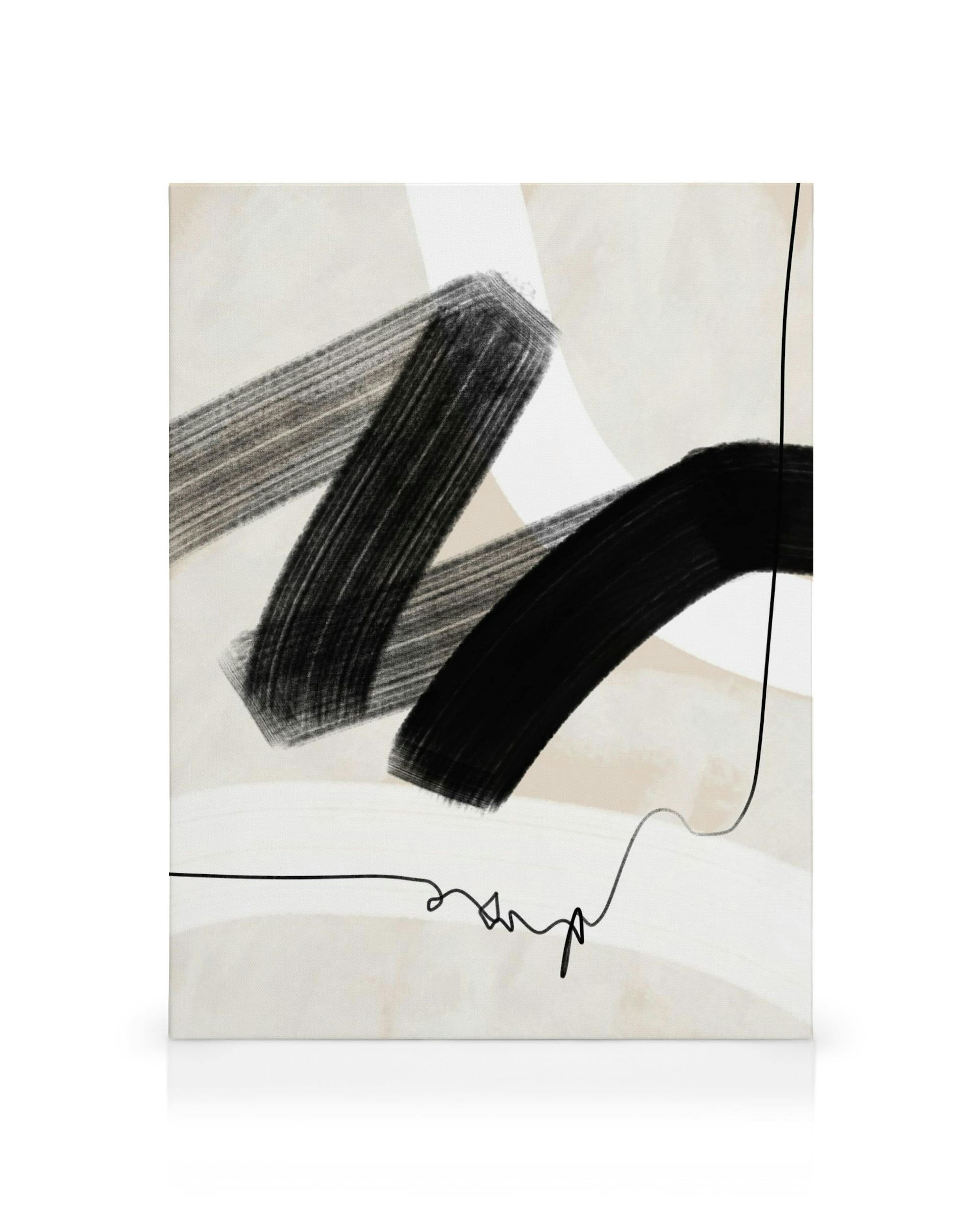 Toile abstraite moderne avec des traits noirs audacieux et des lignes gribouillées sur fond gris et beige