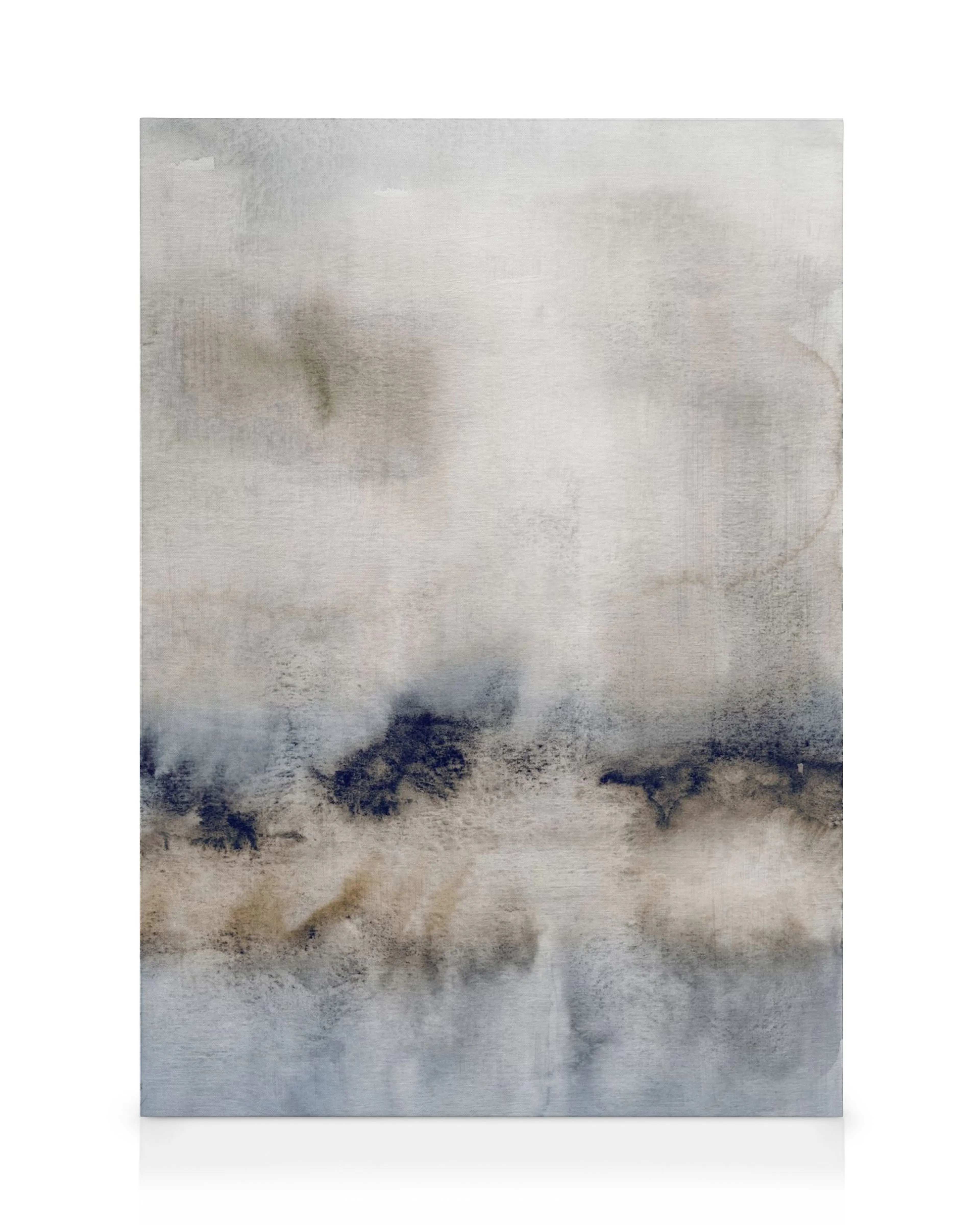 Abstrakt akvarel lærred i blåt, beige og gråt med et landskabsmotiv.