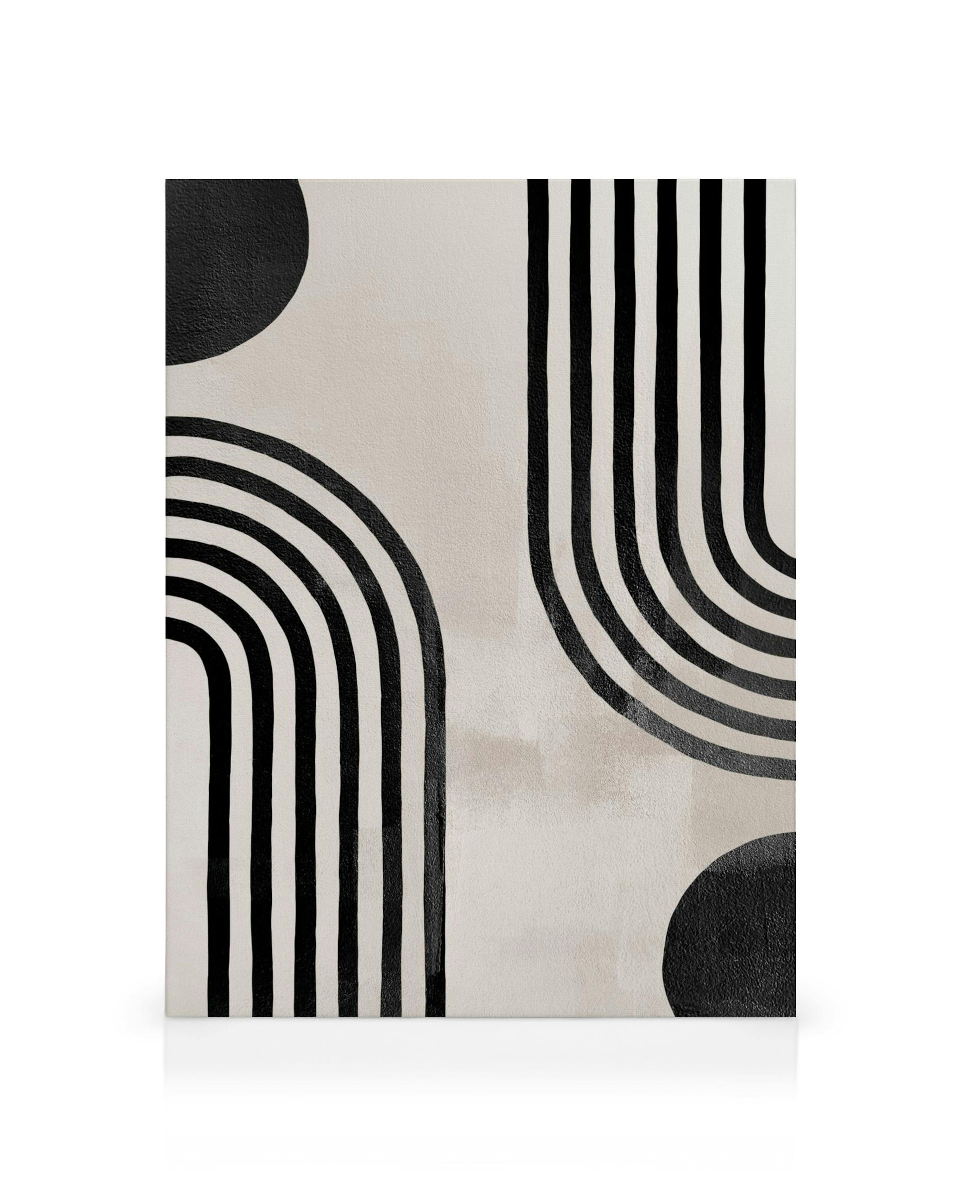 Κανβάς Berlin Arches No1, αφηρημένη τέχνη με μαύρα γεωμετρικά σχήματα, τόξα και κύκλους σε μπεζ φόντο.