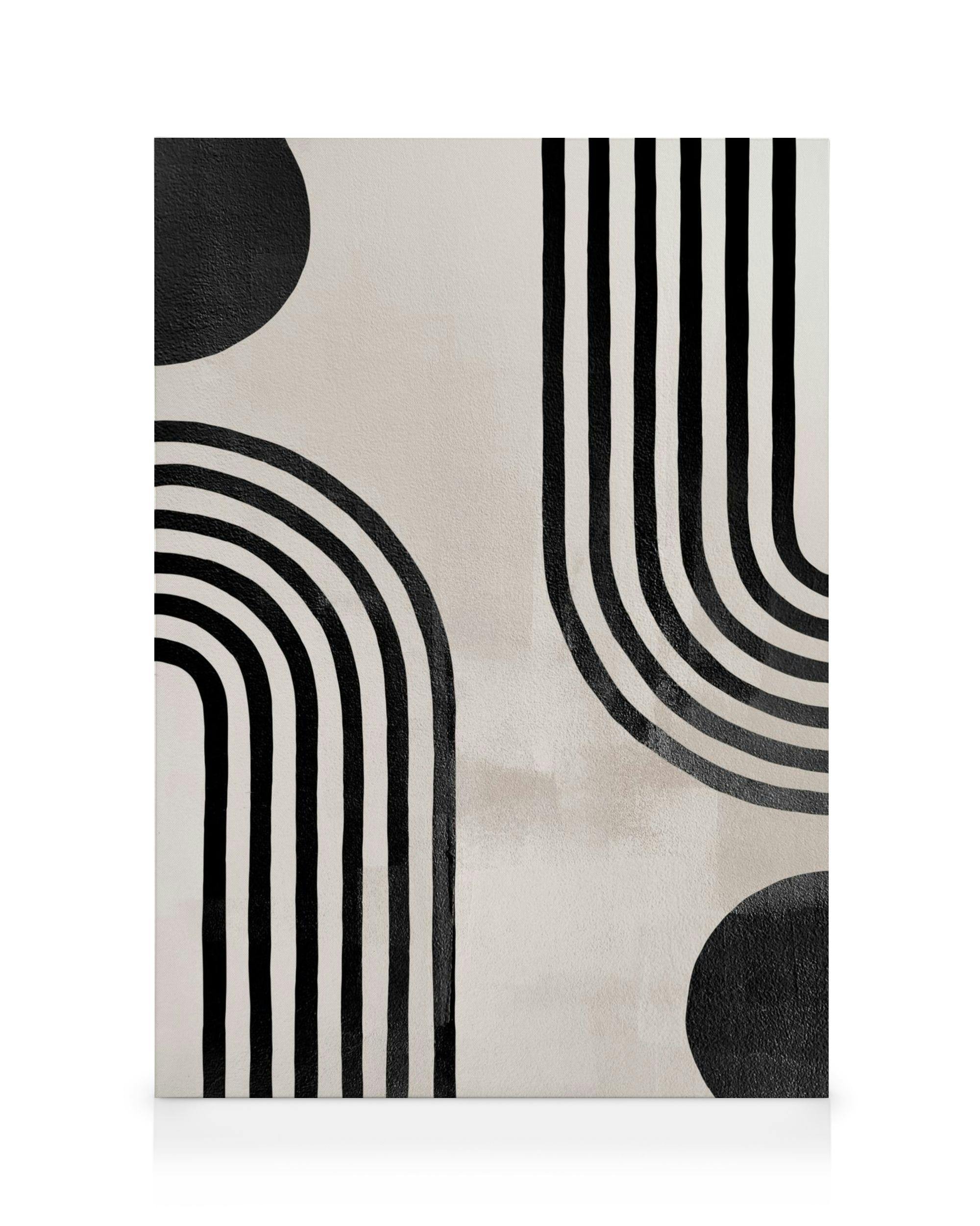 Κανβάς Berlin Arches No1, αφηρημένη τέχνη με μαύρα γεωμετρικά σχήματα, τόξα και κύκλους σε μπεζ φόντο.